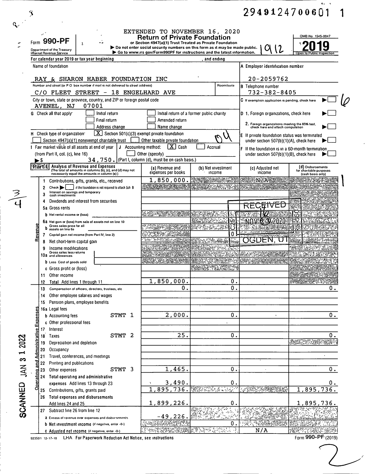 Image of first page of 2019 Form 990PF for Raymond and Sharon Haber Foundation