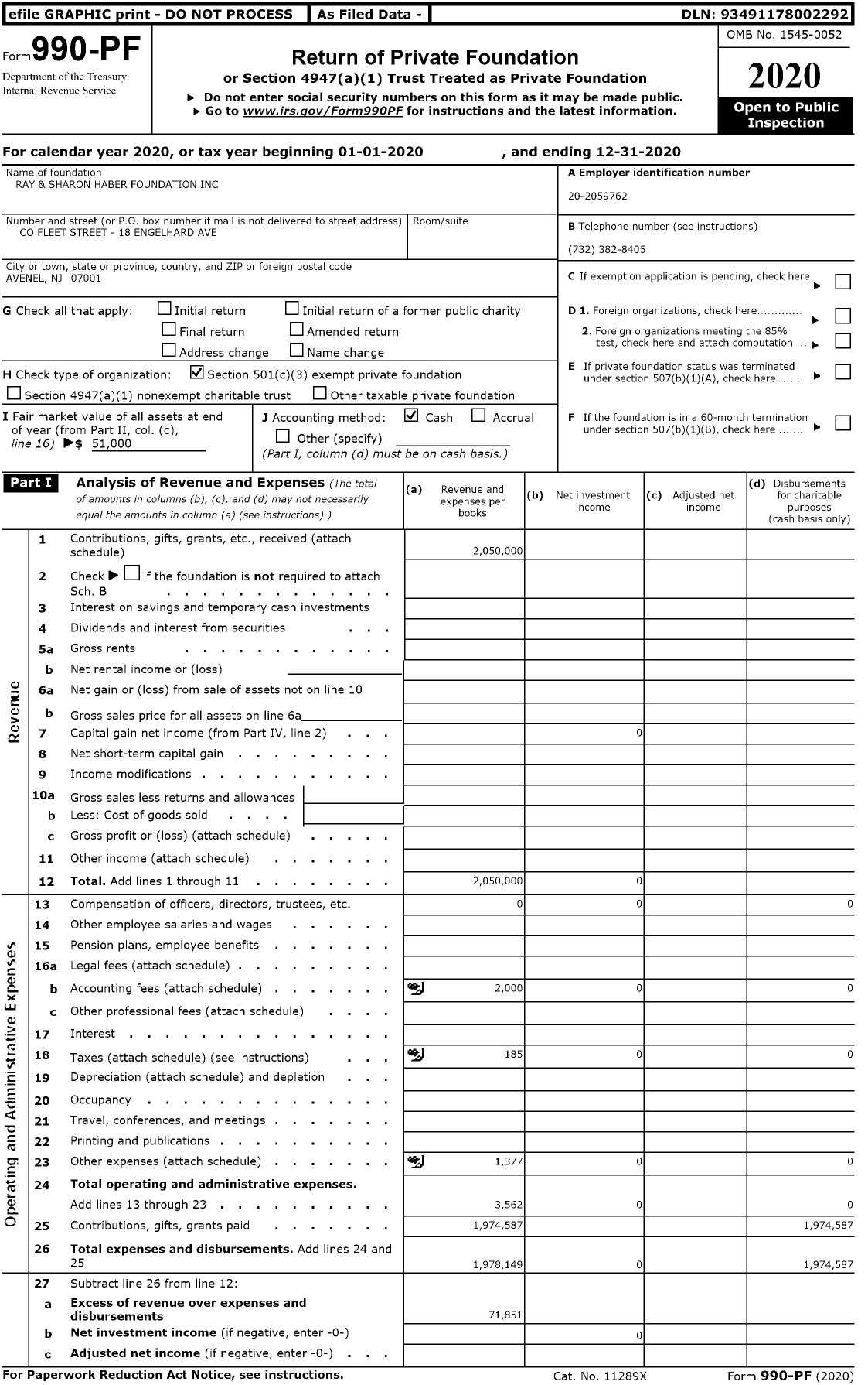 Image of first page of 2020 Form 990PF for Raymond and Sharon Haber Foundation