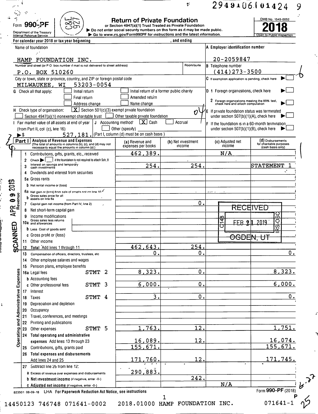 Image of first page of 2018 Form 990PF for Hamp Foundation