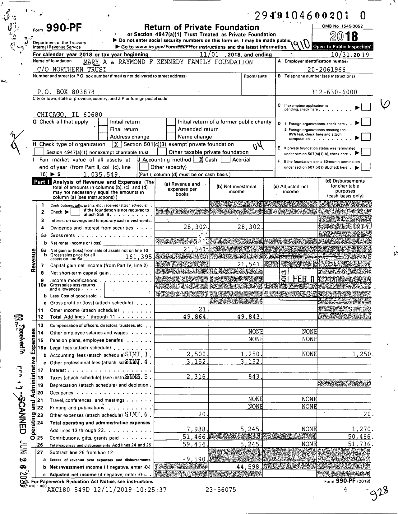 Image of first page of 2018 Form 990PR for Mary A and Raymond F Kennedy Family Foundation