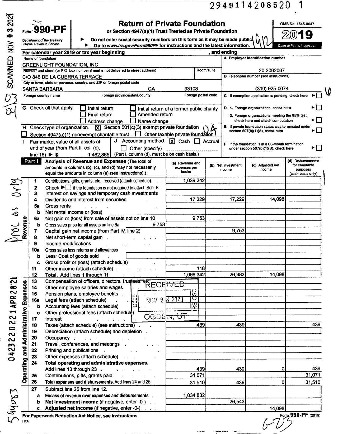 Image of first page of 2019 Form 990PF for Greenlight Foundation