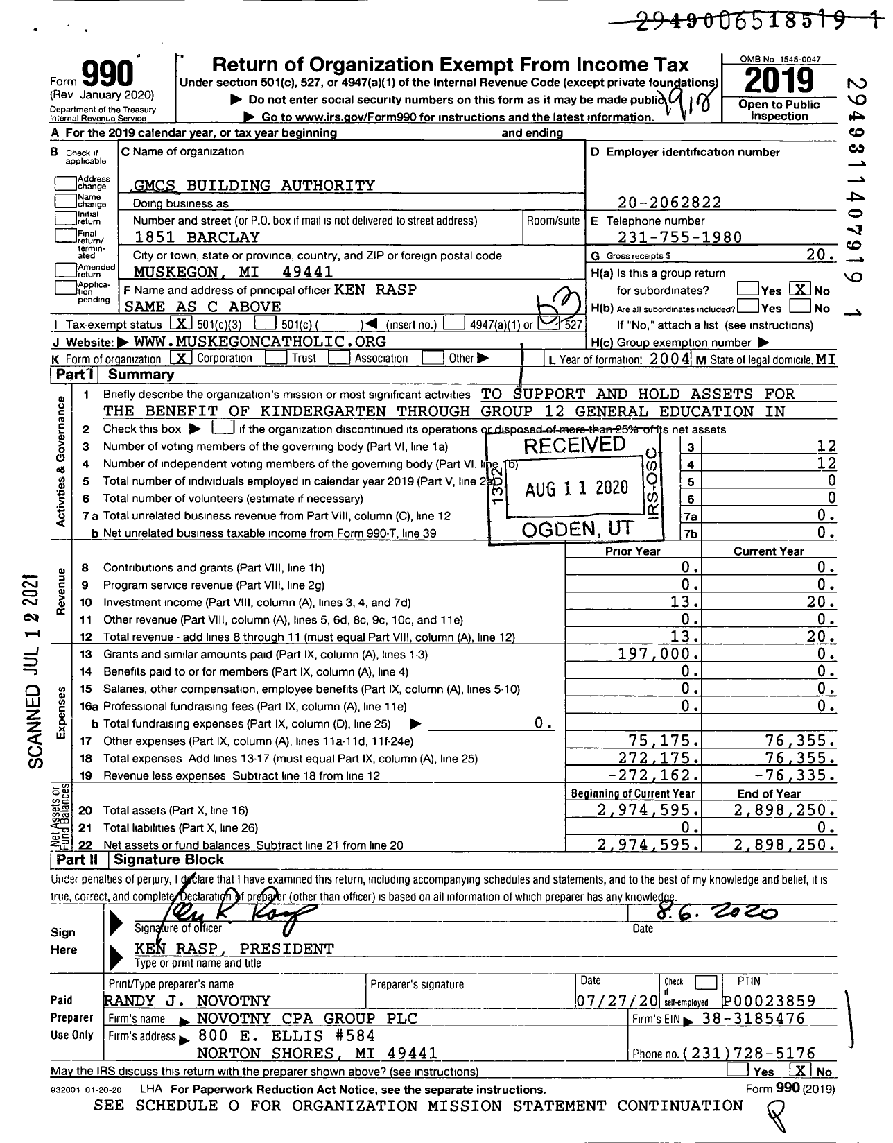 Image of first page of 2019 Form 990 for GMCS Building Authority