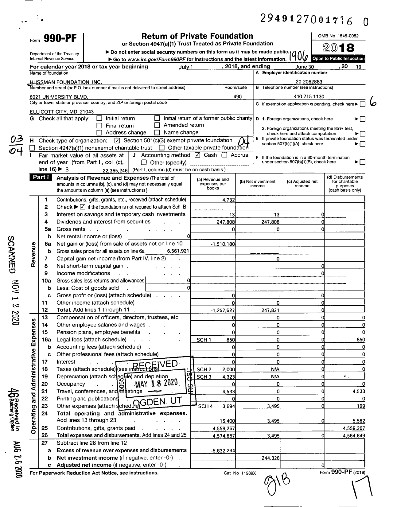 Image of first page of 2018 Form 990PF for Hussman Foundation