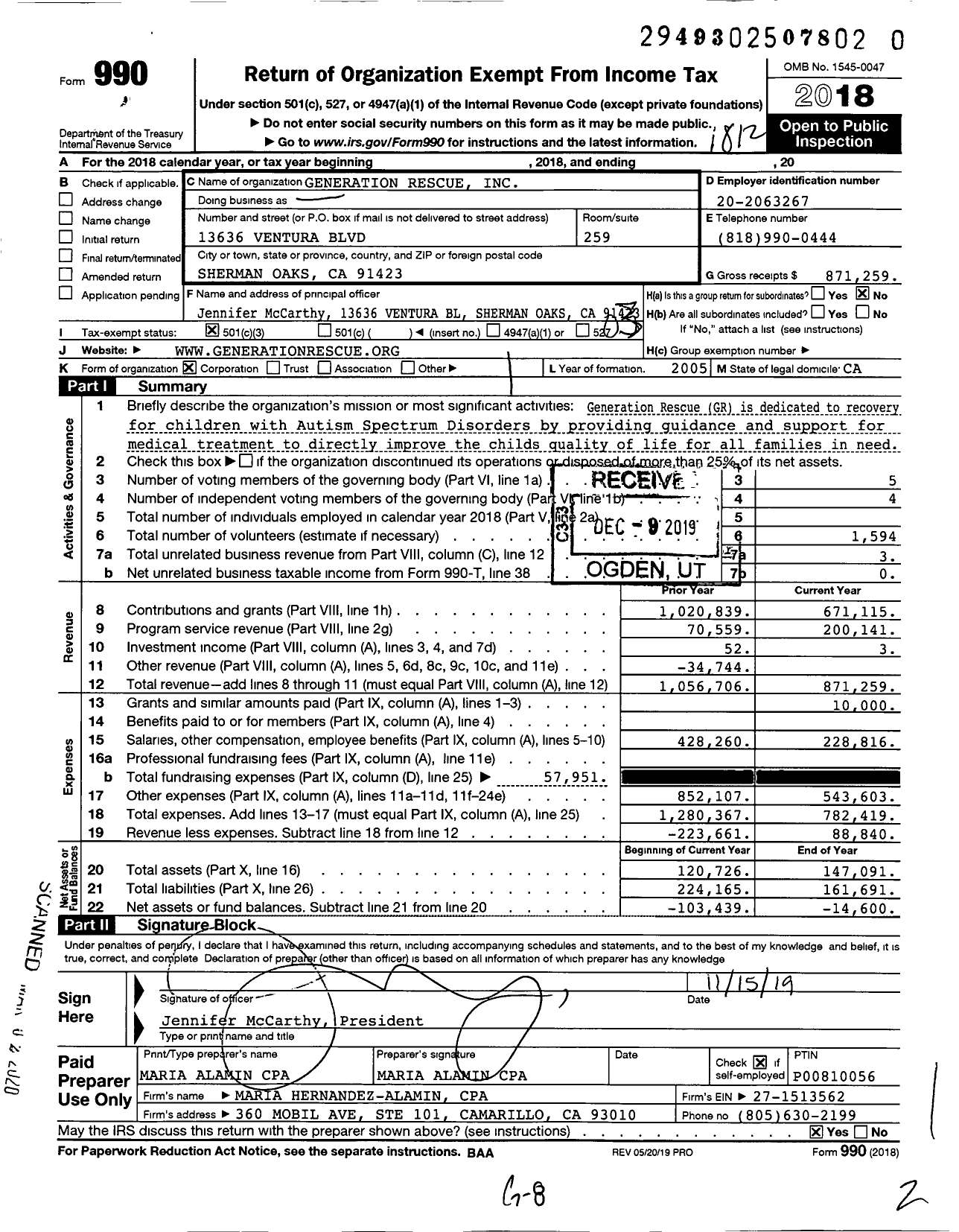 Image of first page of 2018 Form 990 for Generation Rescue