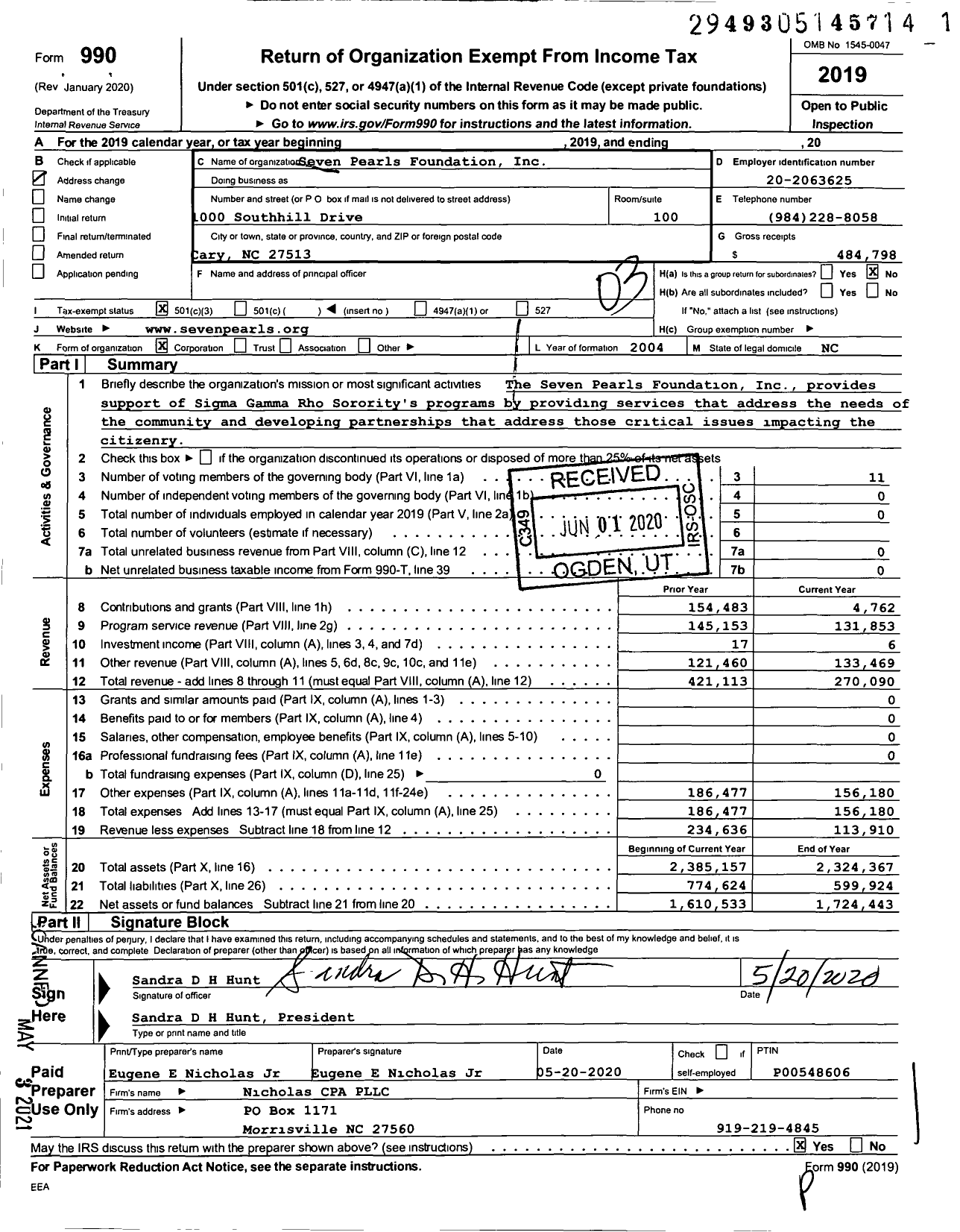 Image of first page of 2019 Form 990 for Seven Pearls Foundation