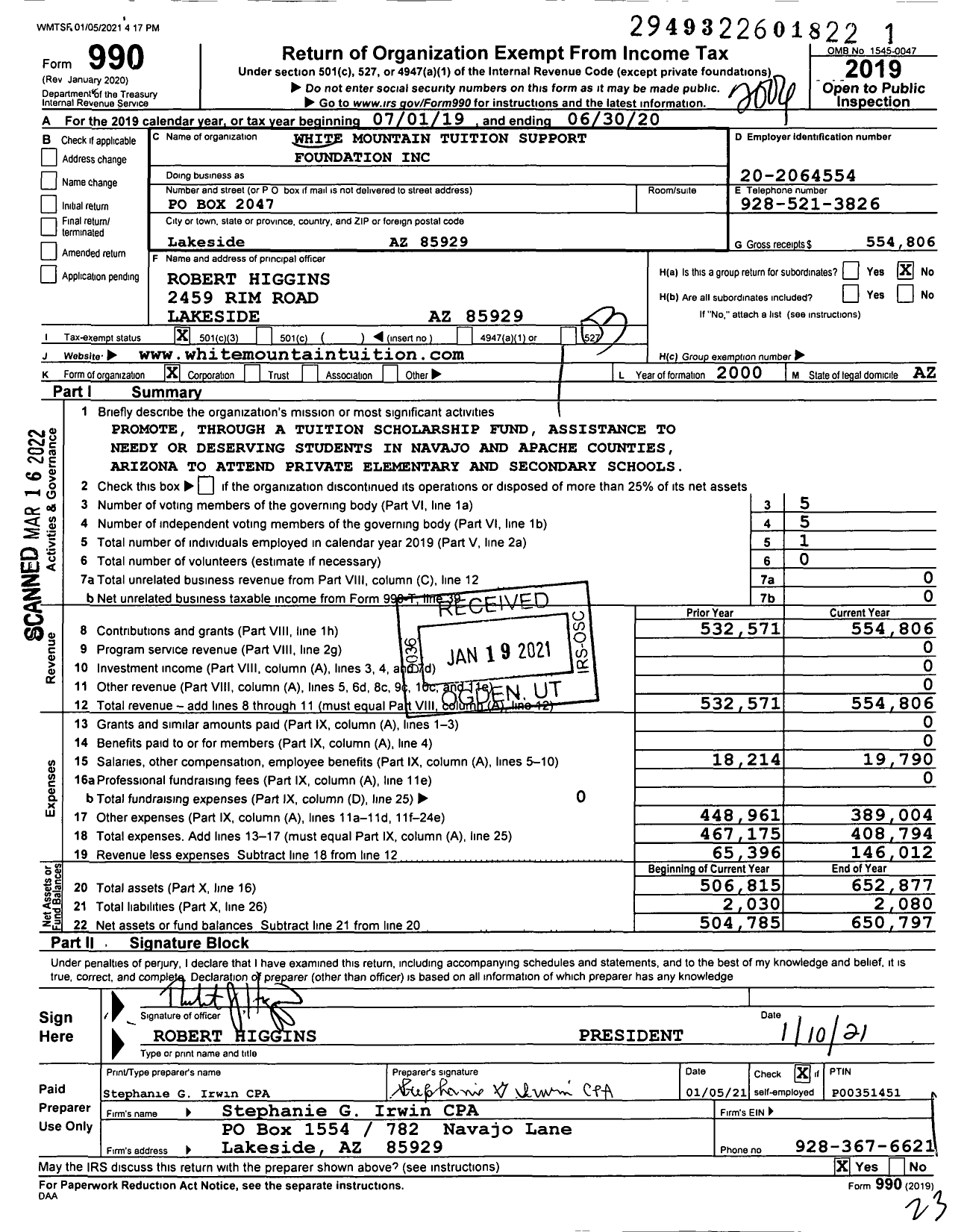 Image of first page of 2019 Form 990 for White Mountain Tuition Support Foundation