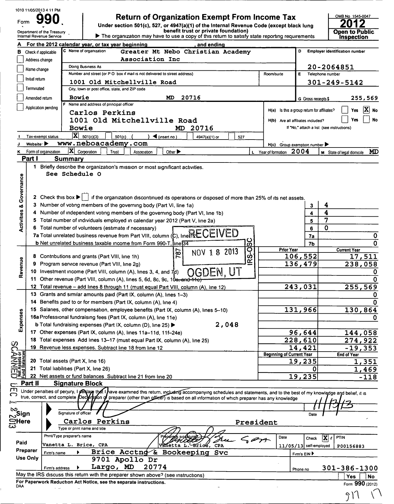 Image of first page of 2012 Form 990 for Greater MT Nebo Christian Academy Association