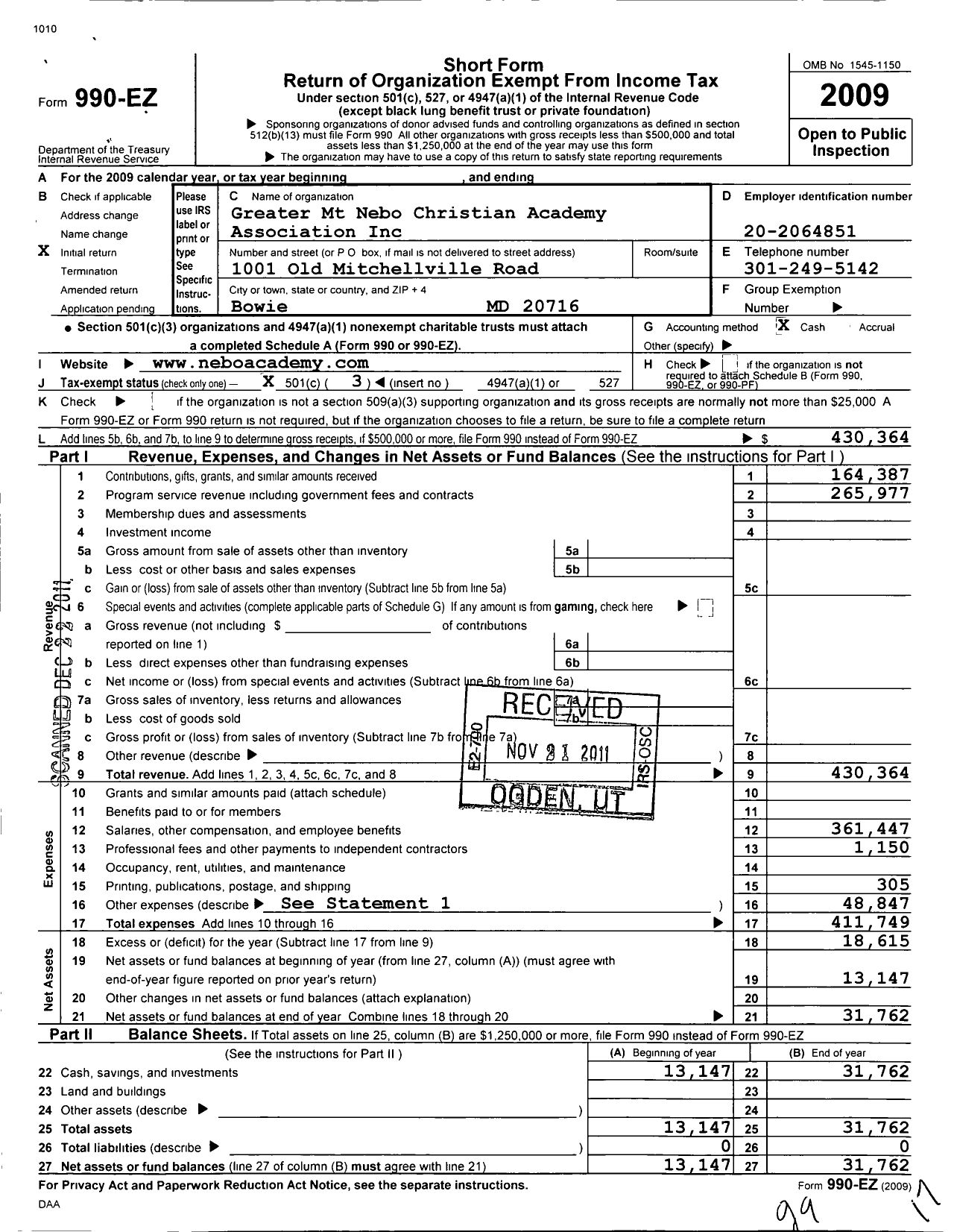 Image of first page of 2009 Form 990EZ for Greater MT Nebo Christian Academy Association