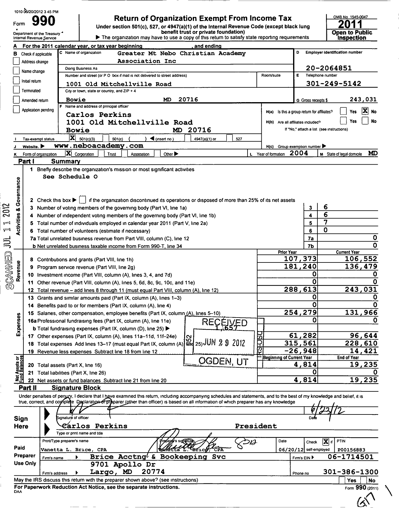 Image of first page of 2011 Form 990 for Greater MT Nebo Christian Academy Association