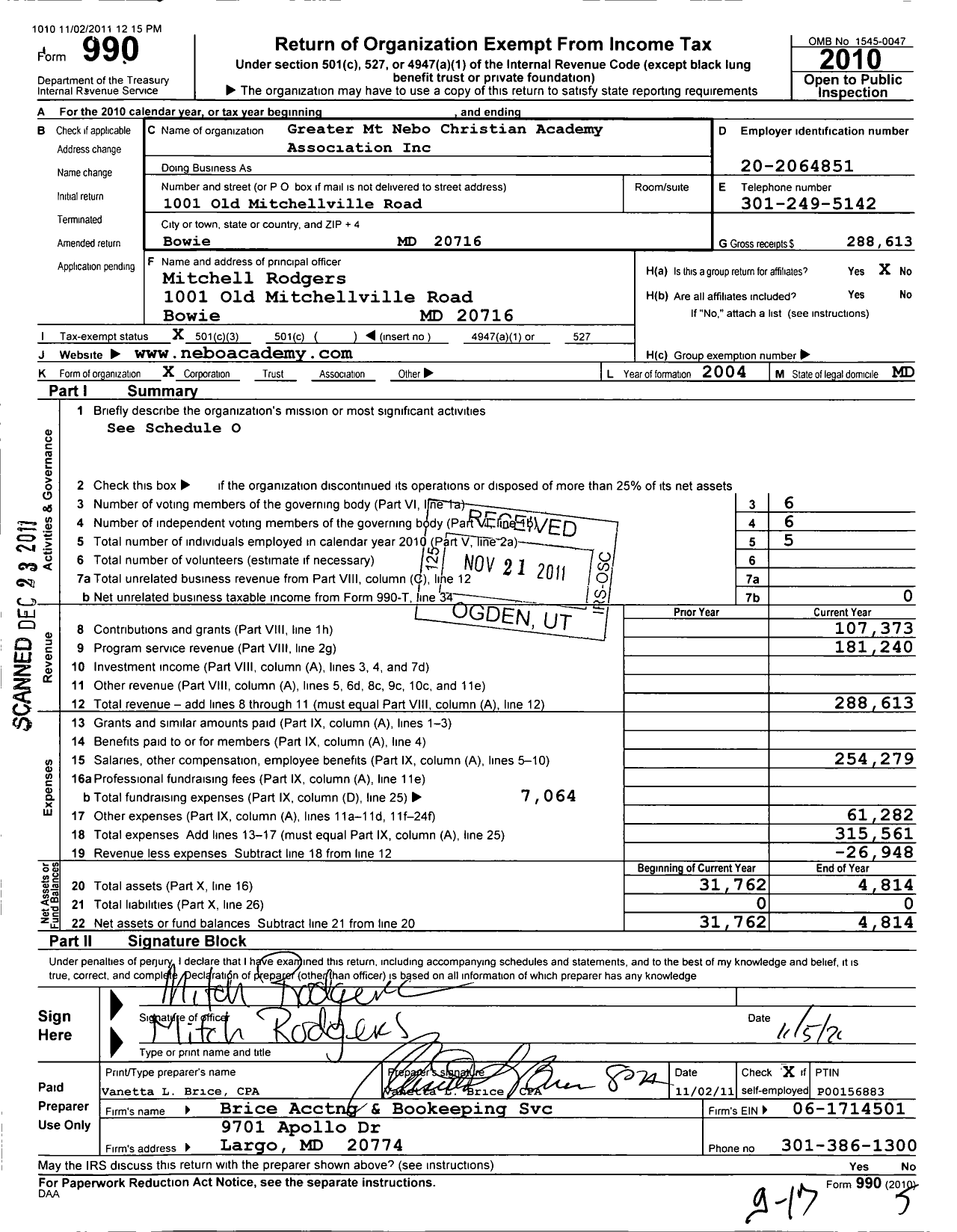 Image of first page of 2010 Form 990 for Greater MT Nebo Christian Academy Association