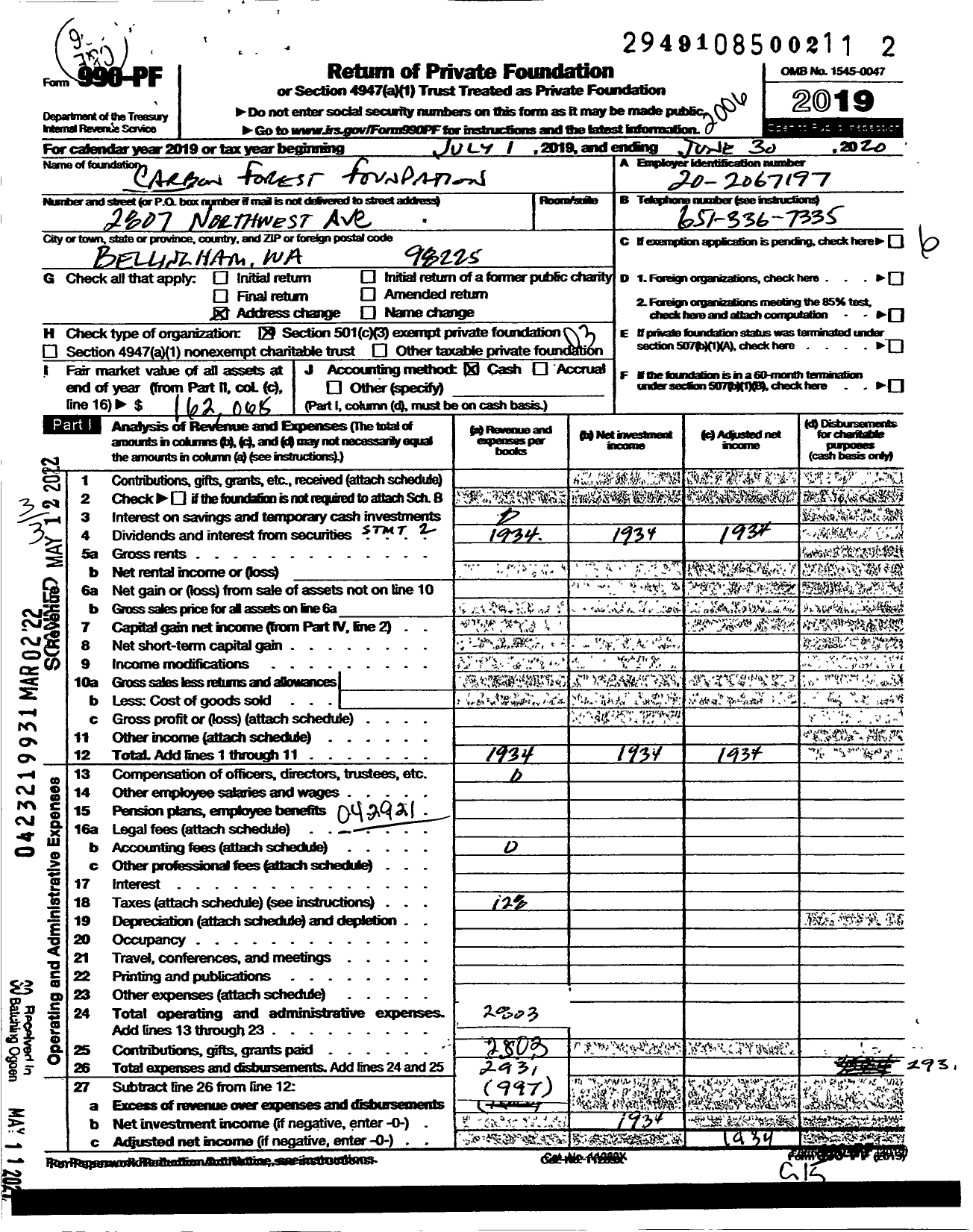 Image of first page of 2019 Form 990PF for Carbon Forest Foundation