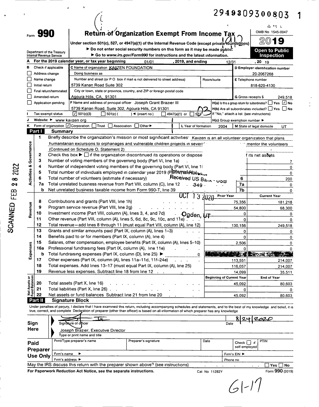 Image of first page of 2019 Form 990 for Kaiizen Foundation