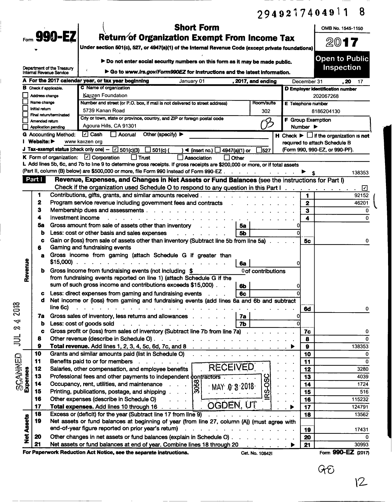 Image of first page of 2017 Form 990EZ for Kaiizen Foundation