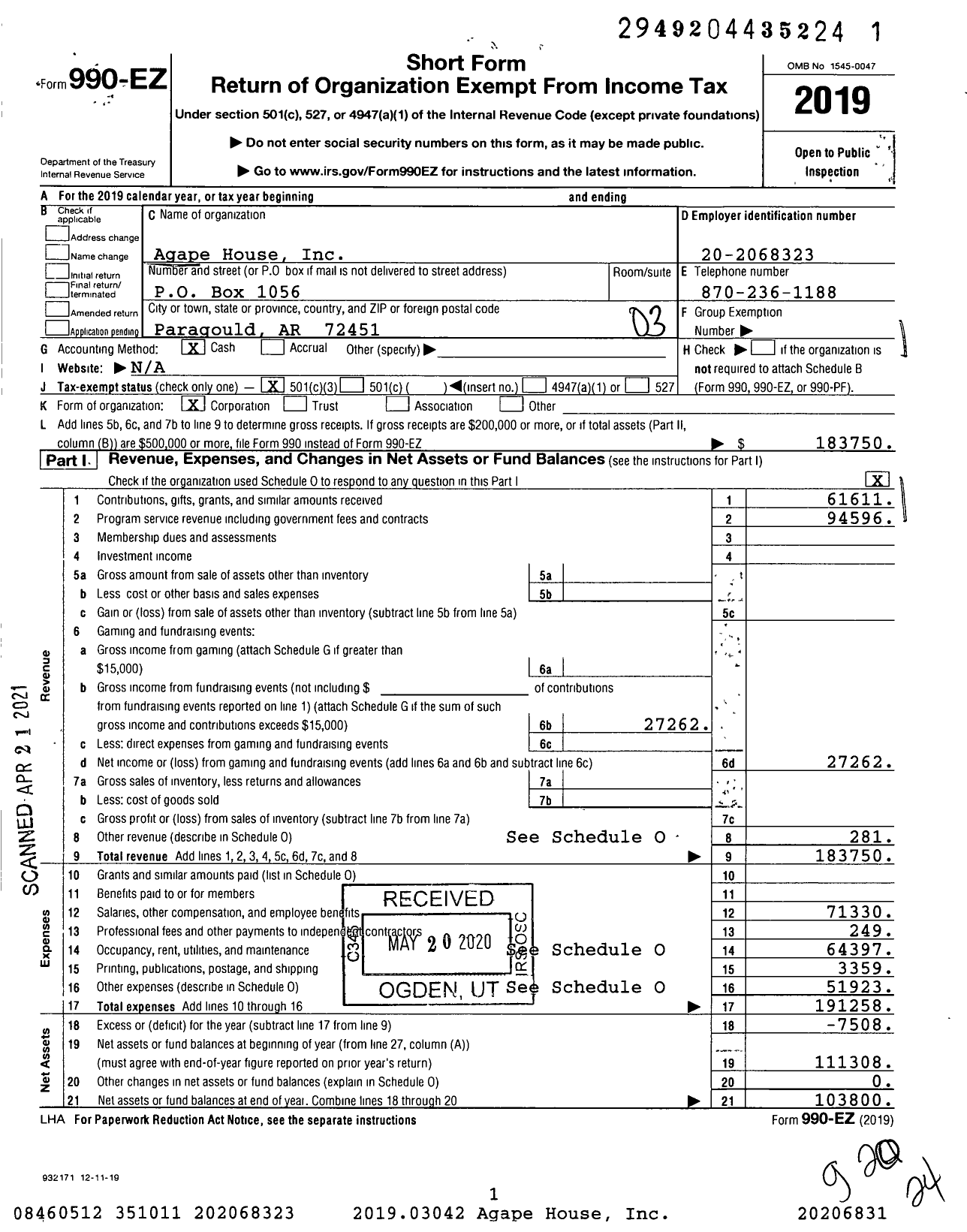 Image of first page of 2019 Form 990EZ for Agape House