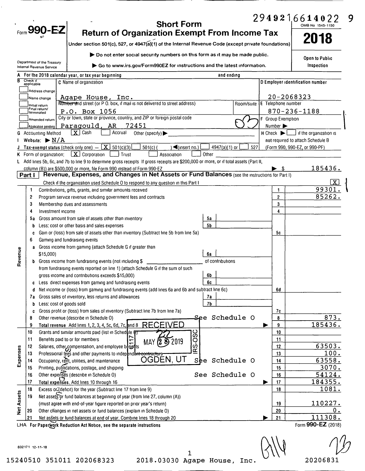 Image of first page of 2018 Form 990EZ for Agape House