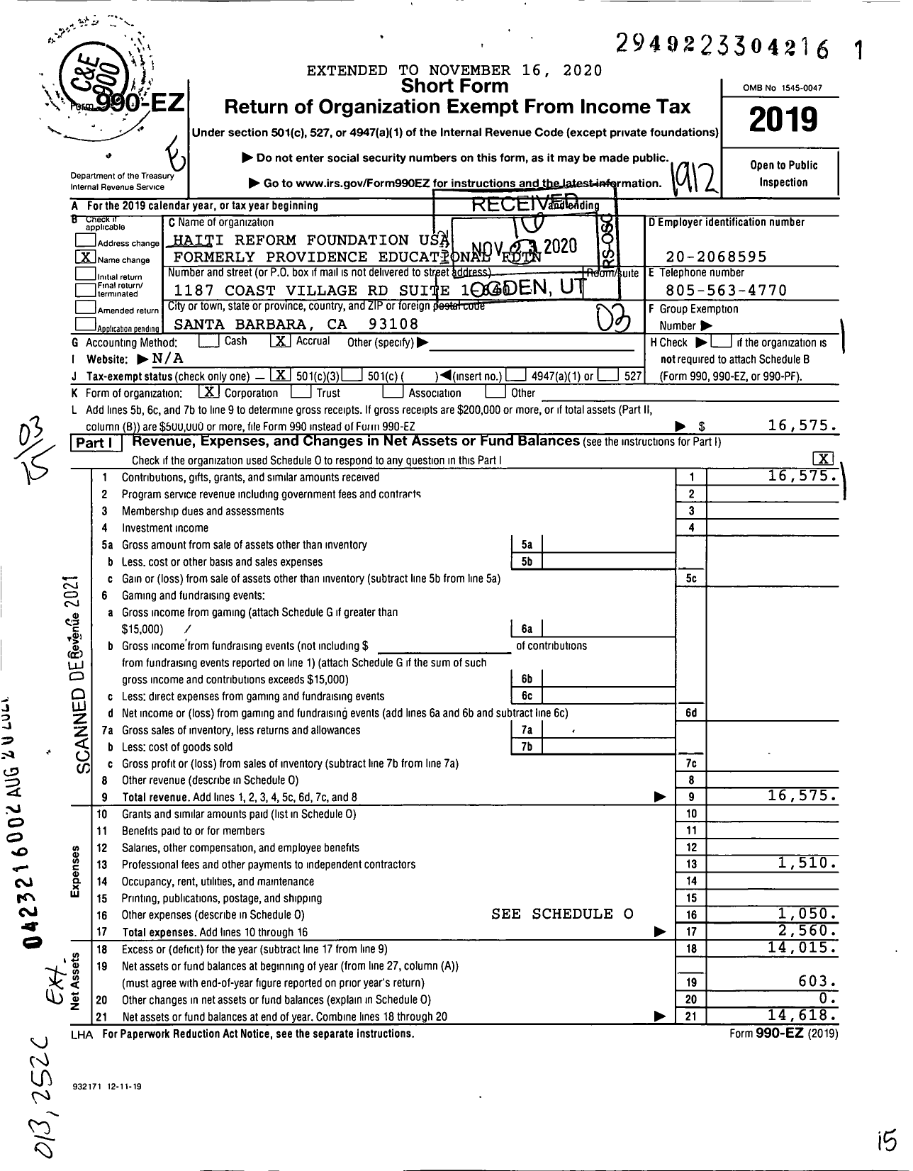 Image of first page of 2019 Form 990EZ for Haiti Reform Foundation USA