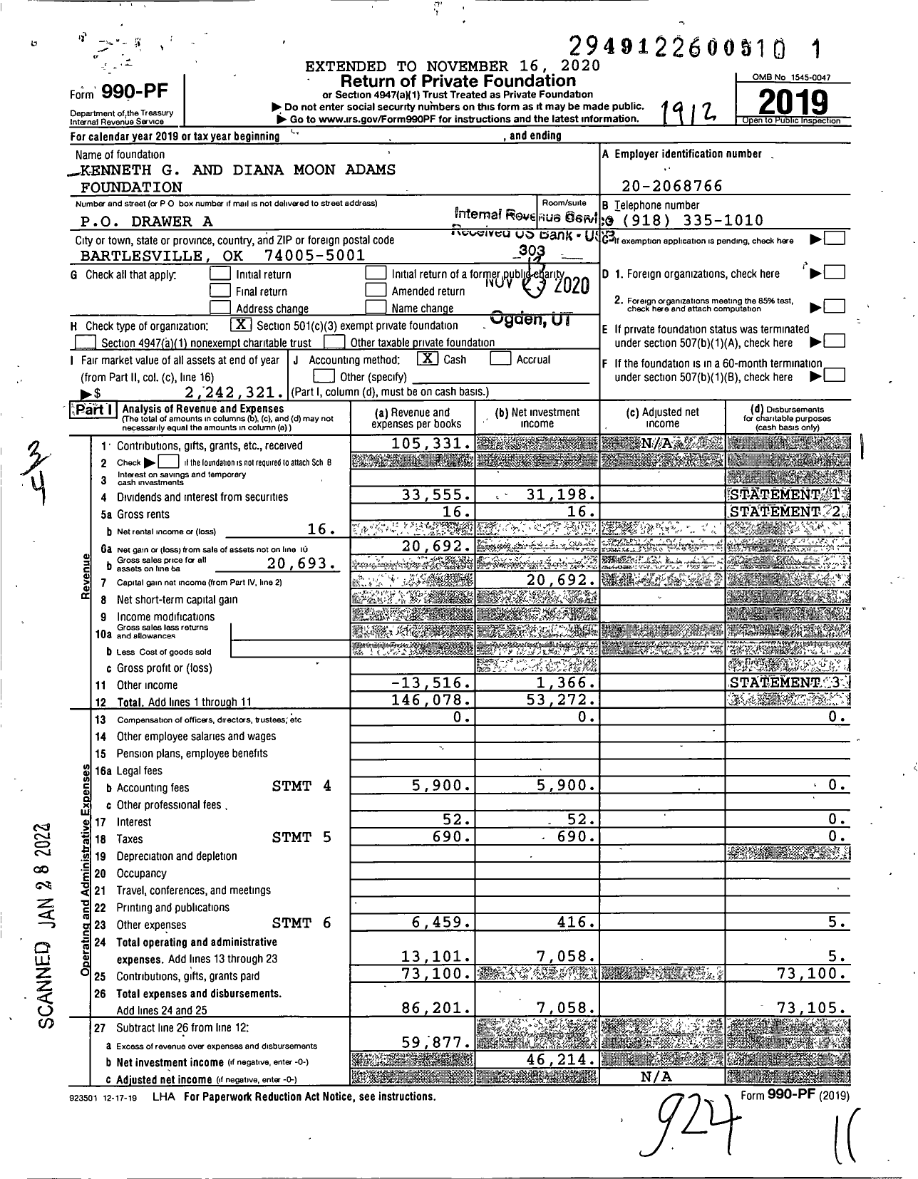 Image of first page of 2019 Form 990PF for Kenneth G and Diana Moon Adams Foundation