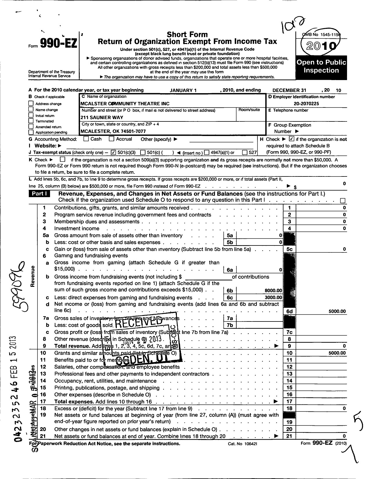 Image of first page of 2010 Form 990EZ for Mcalester Community Theatre