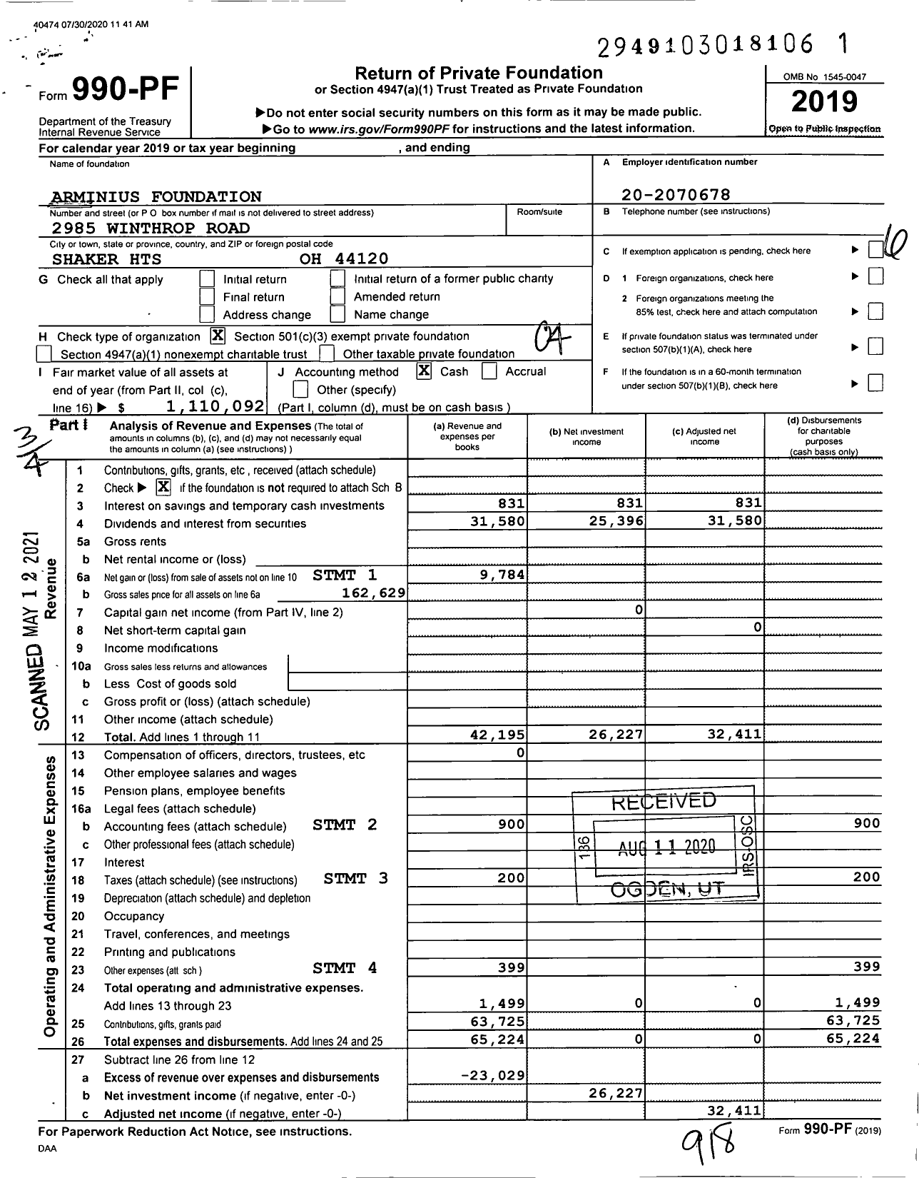 Image of first page of 2019 Form 990PF for Arminius Foundation