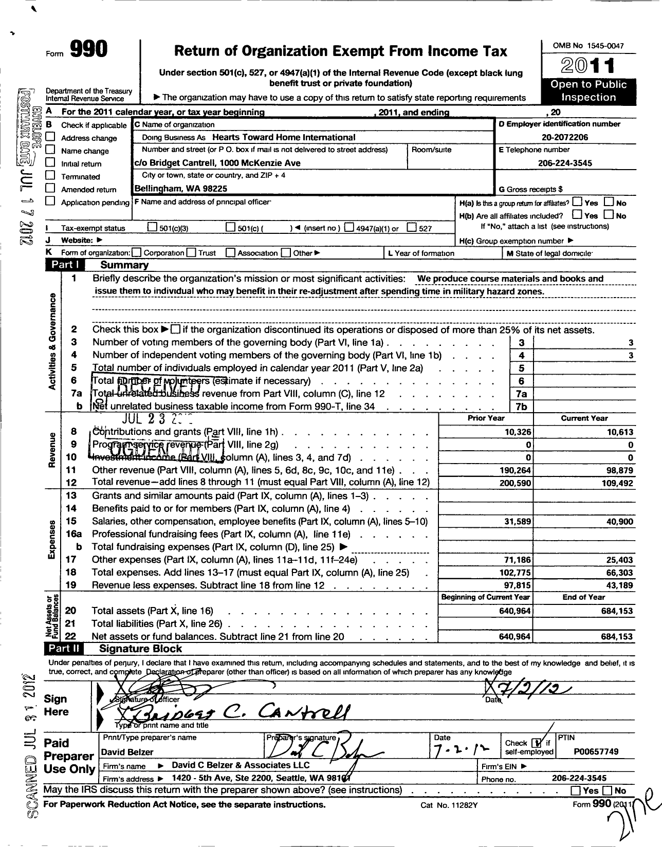 Image of first page of 2011 Form 990O for Hearts Toward Home International