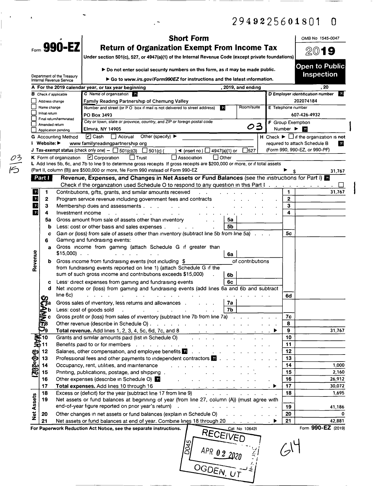 Image of first page of 2019 Form 990EZ for Family Reading Partnership of Chemung Valley