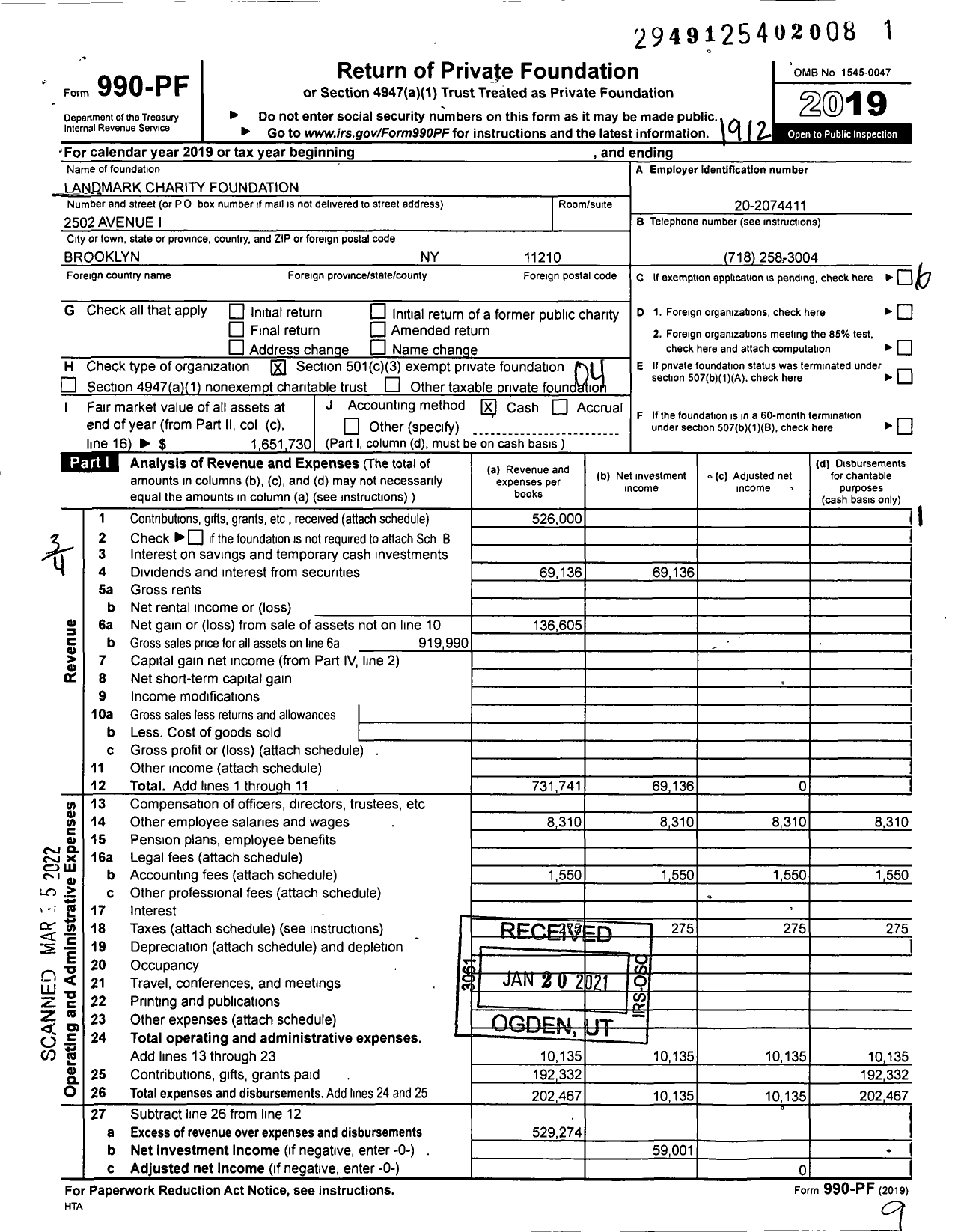 Image of first page of 2019 Form 990PF for Landmark Charity Foundation