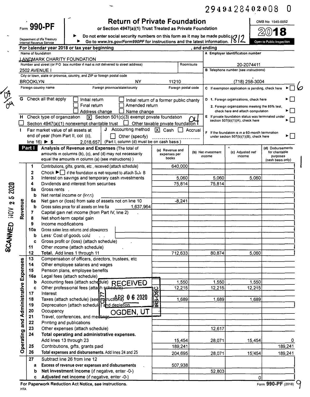 Image of first page of 2018 Form 990PF for Landmark Charity Foundation