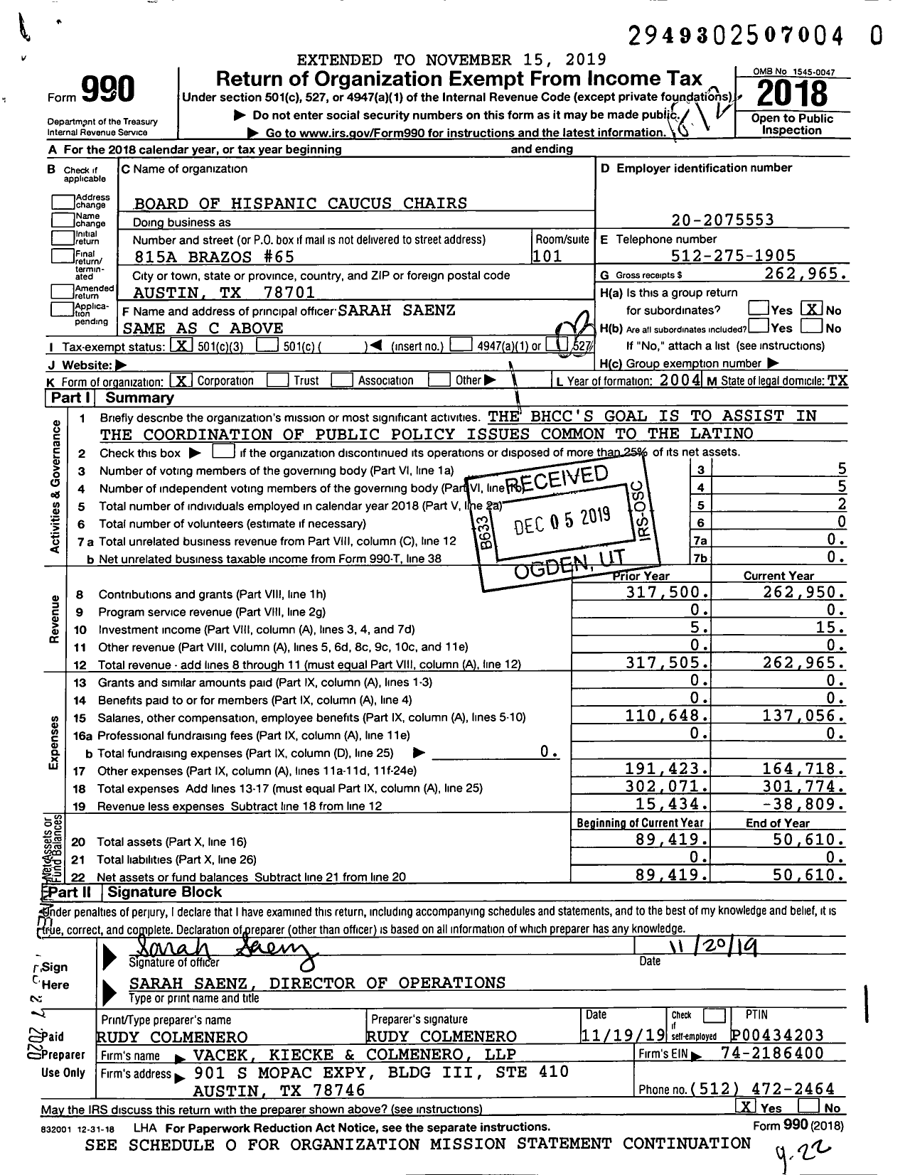 Image of first page of 2018 Form 990 for Board of Latino Legislative Leaders