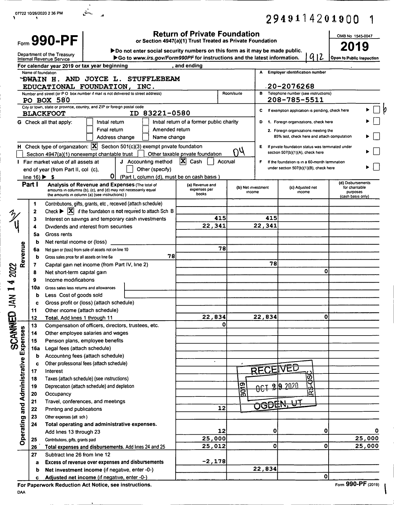 Image of first page of 2019 Form 990PF for Dwain H and Joyce L Stufflebeam Educational Foundation