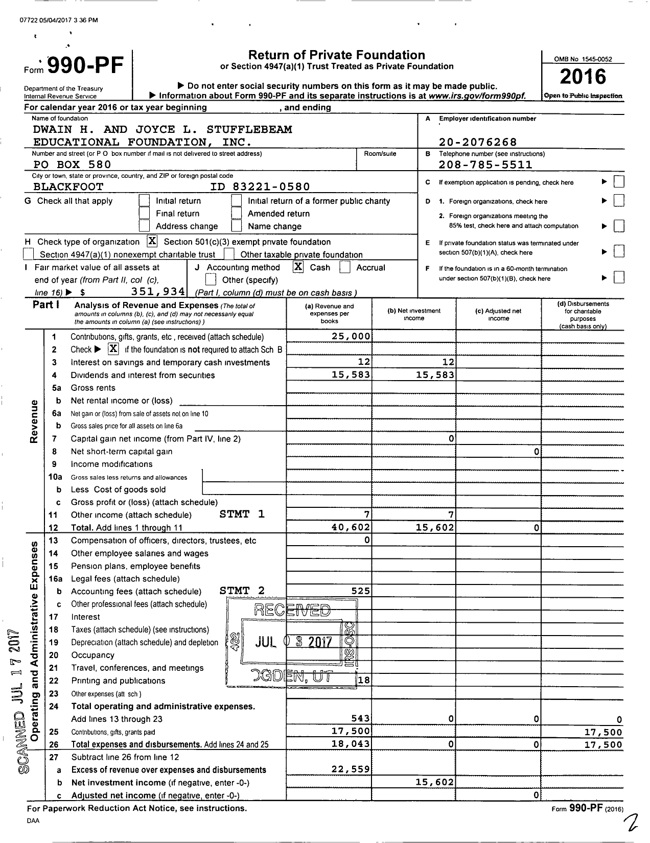 Image of first page of 2016 Form 990PF for Dwain H and Joyce L Stufflebeam Educational Foundation