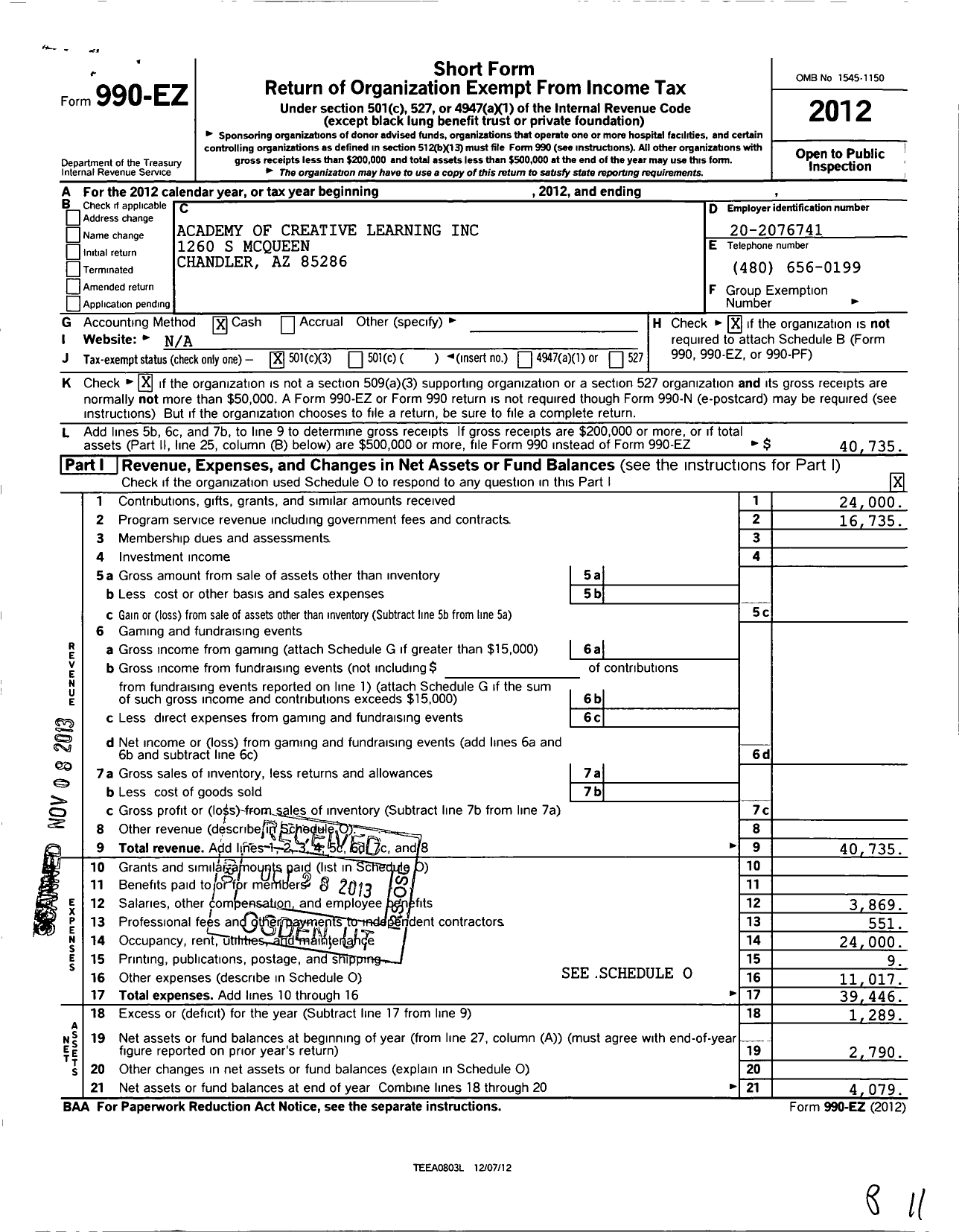 Image of first page of 2012 Form 990EZ for Academy of Creative Learning