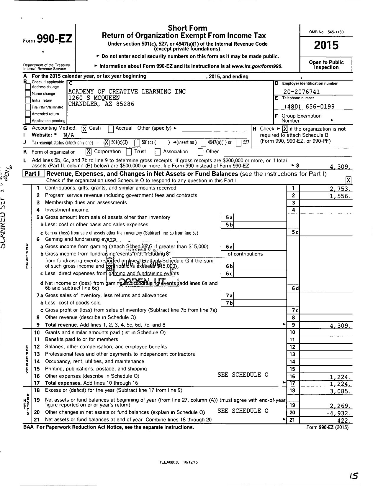Image of first page of 2015 Form 990EZ for Academy of Creative Learning