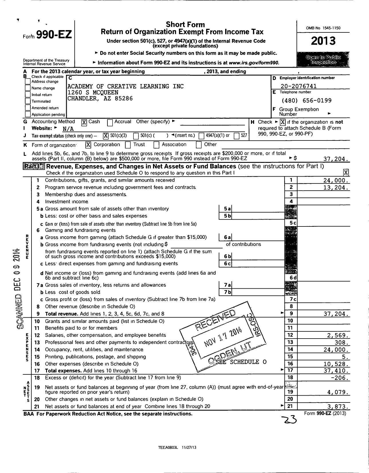Image of first page of 2013 Form 990EZ for Academy of Creative Learning