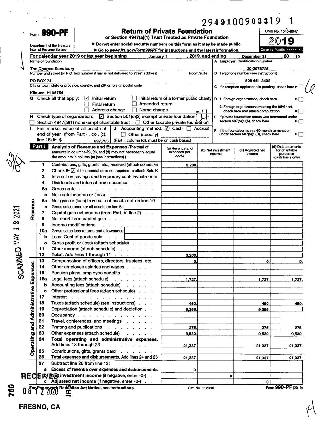 Image of first page of 2019 Form 990PF for The Dharma Sactuary