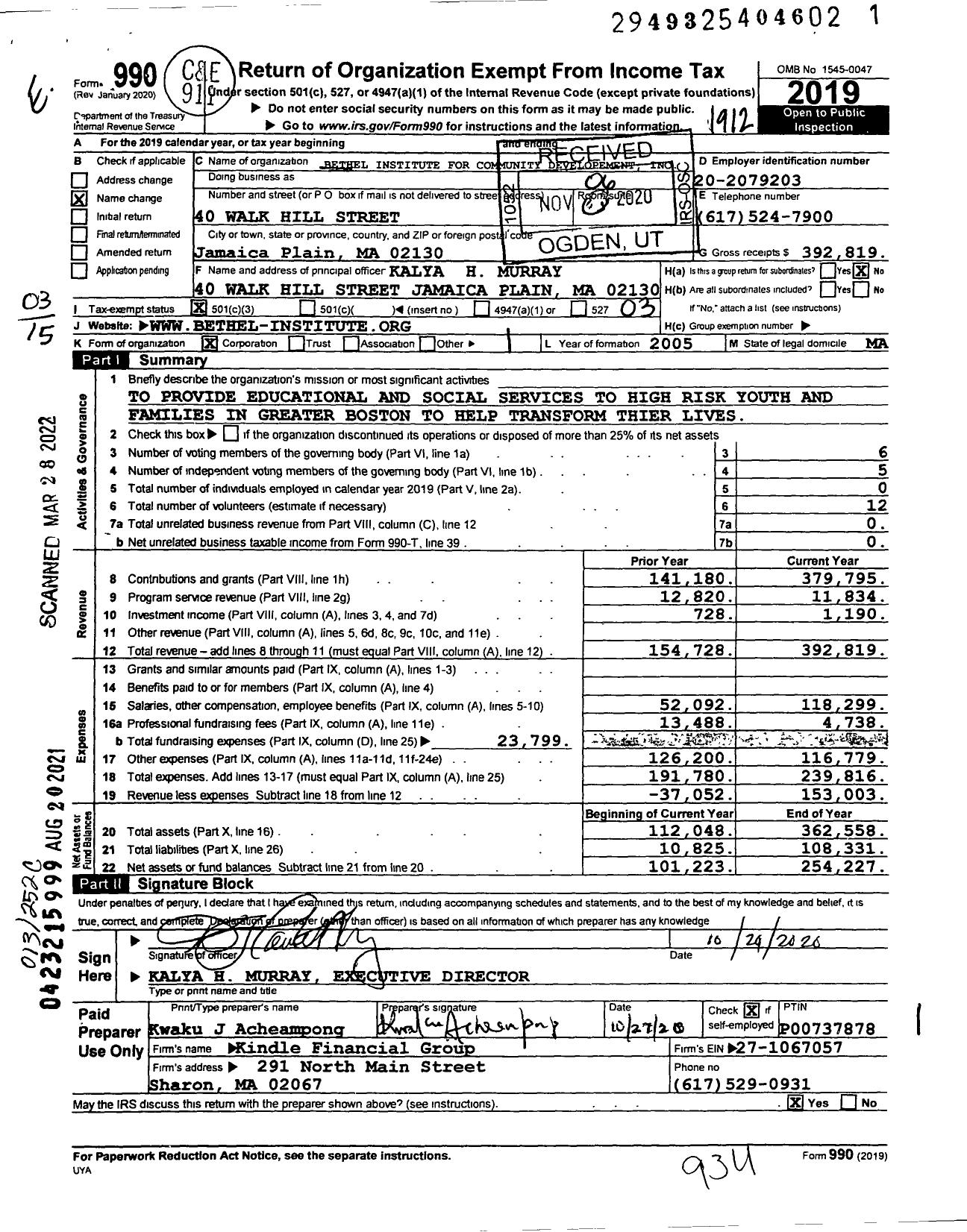 Image of first page of 2019 Form 990 for Bethel Institute for Community Development