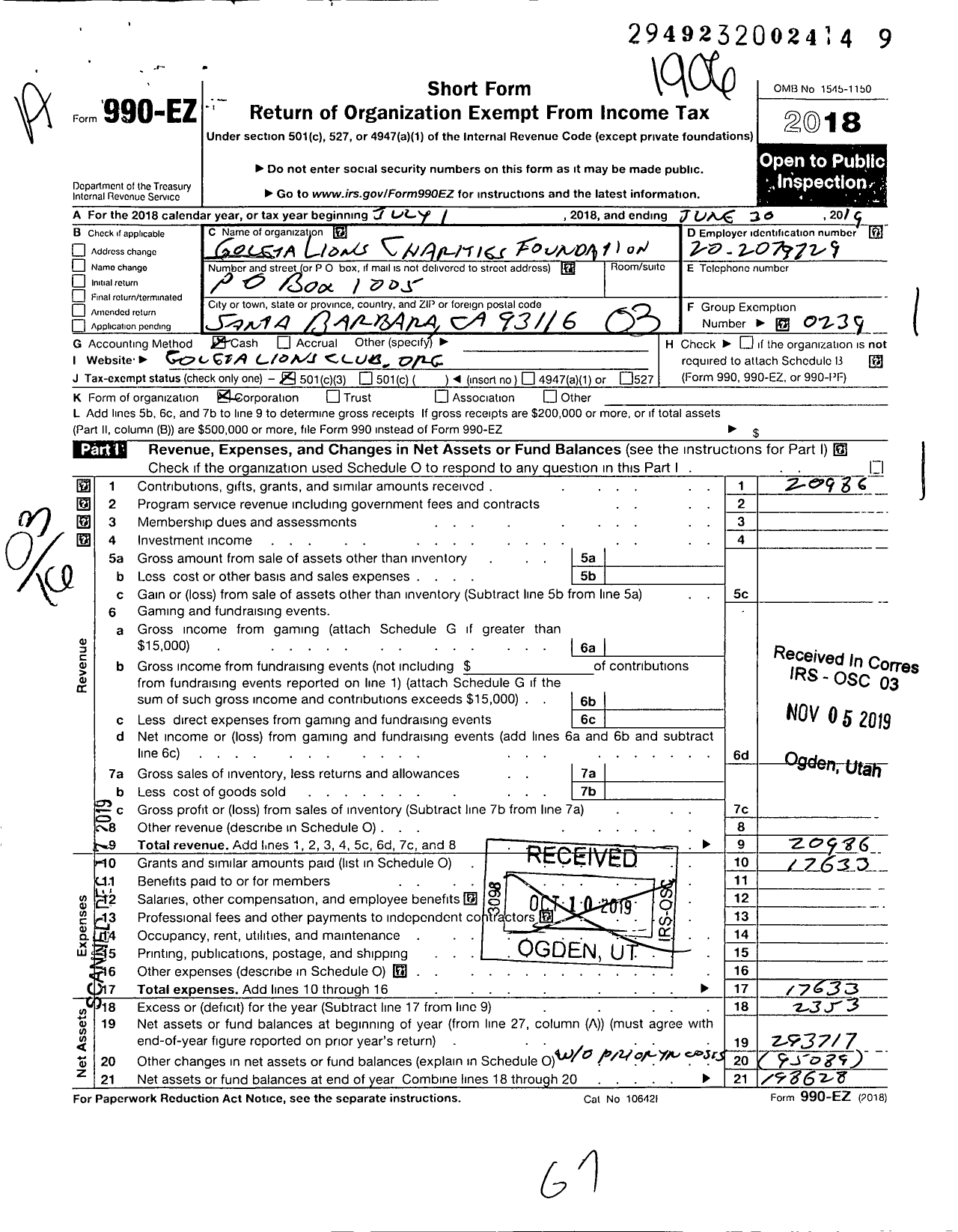 Image of first page of 2018 Form 990EZ for Charities Foundation