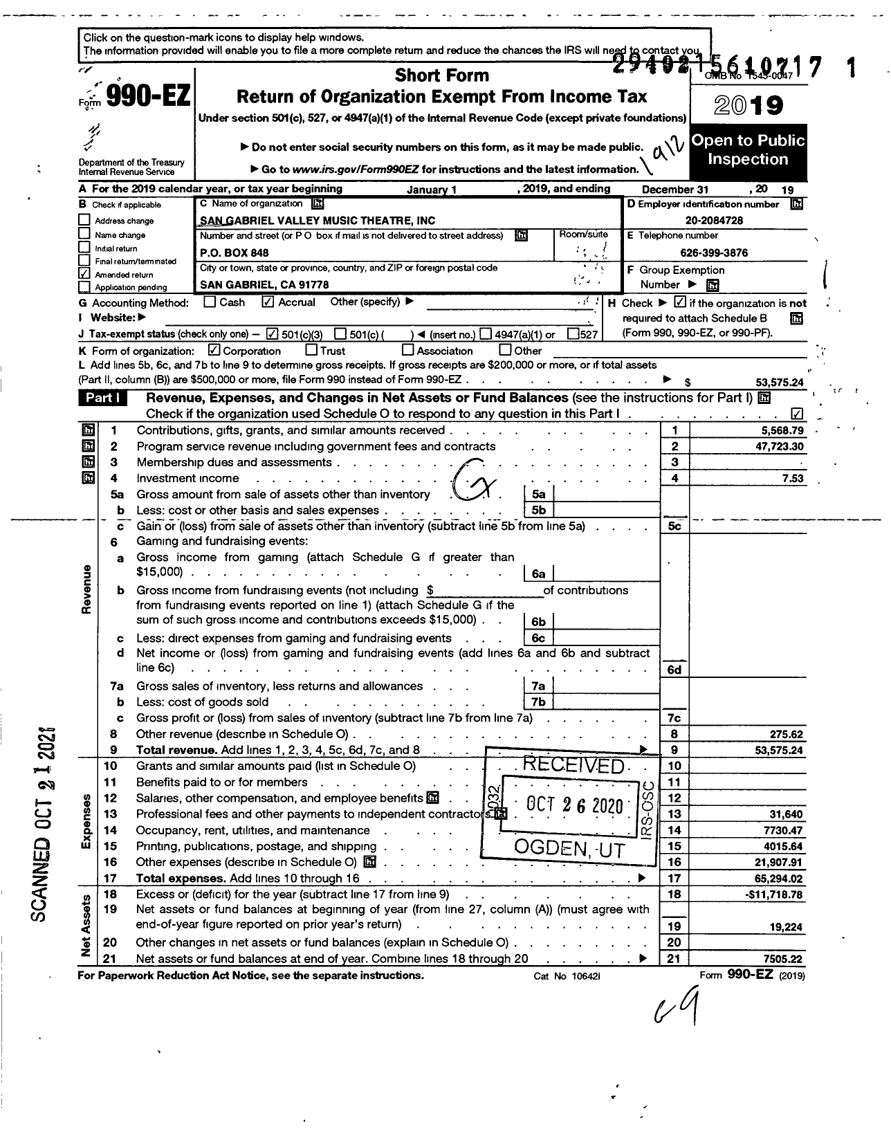 Image of first page of 2019 Form 990EZ for San Gabriel Valley Music Theatre