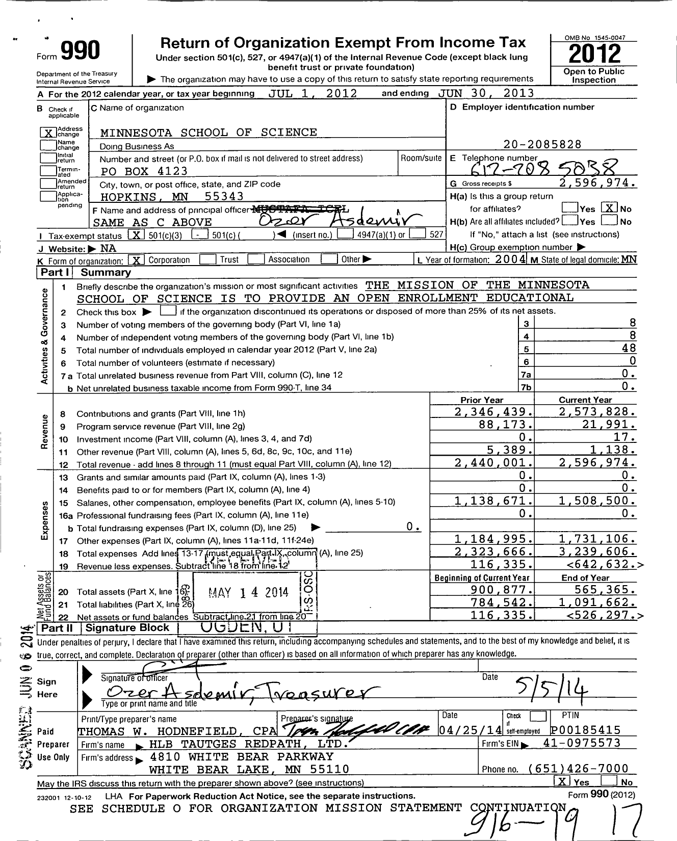 Image of first page of 2012 Form 990 for Minnesota School of Science Incorporation