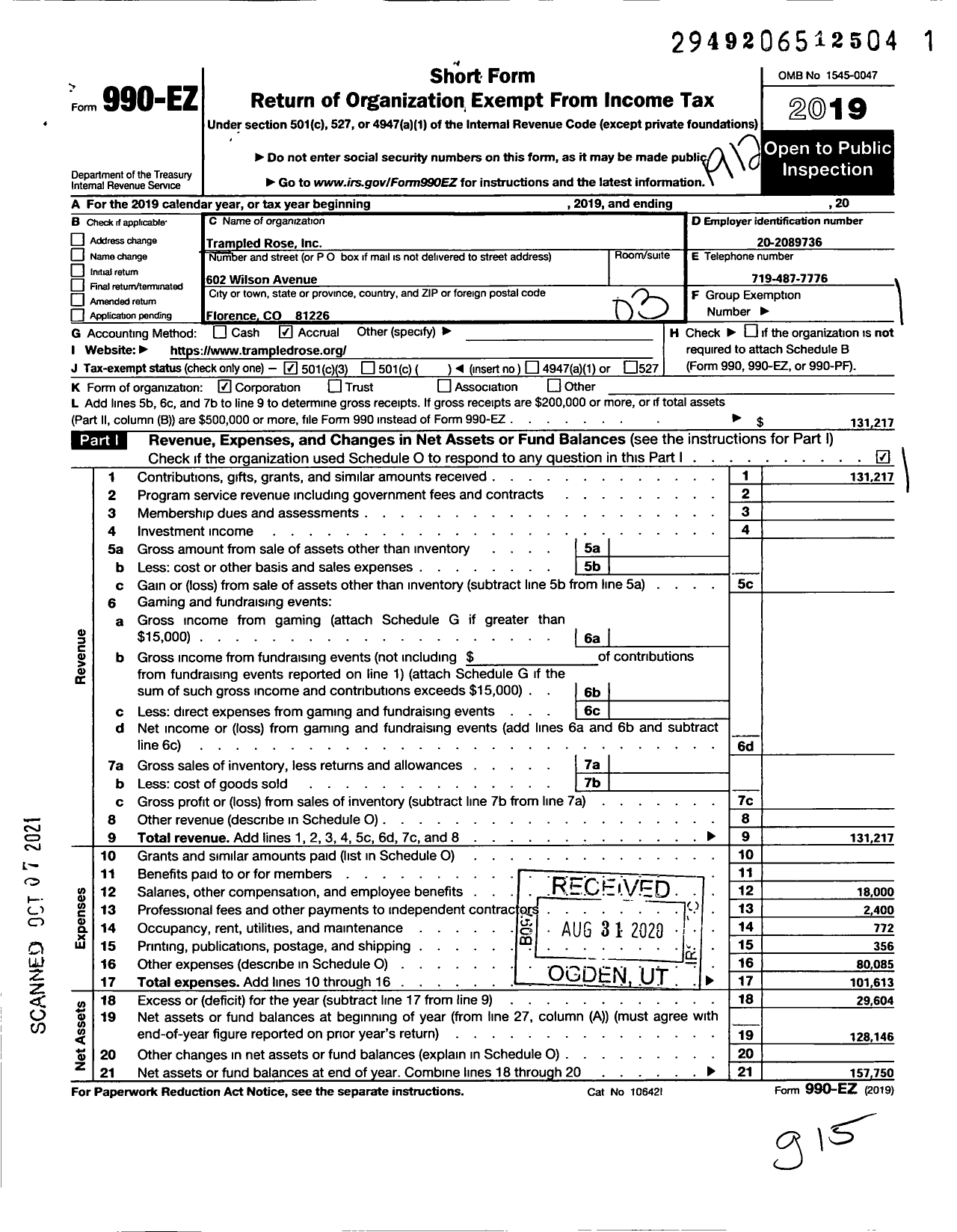 Image of first page of 2019 Form 990EZ for Trampled Rose