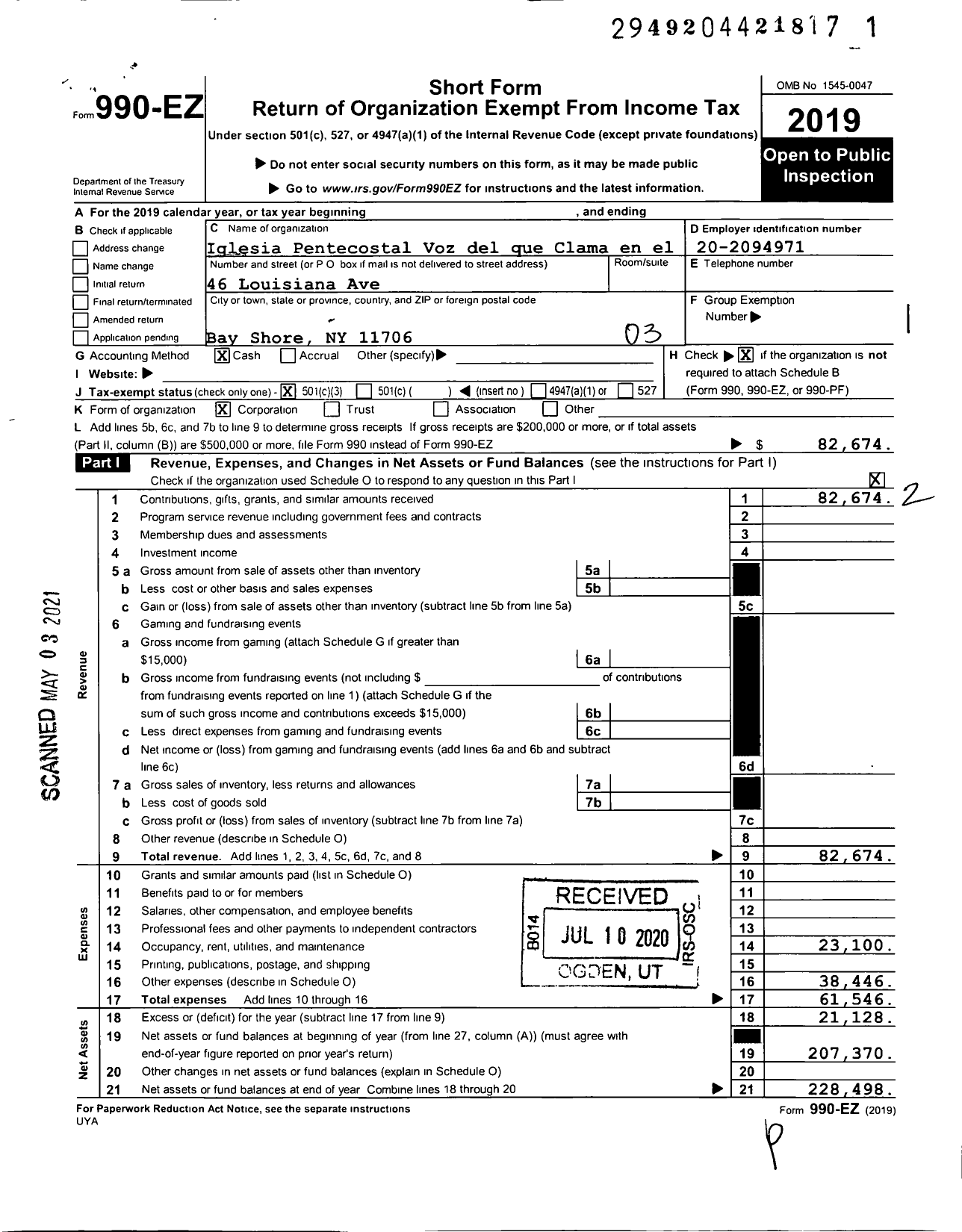 Image of first page of 2019 Form 990EZ for Iglesia Pentecostal Voz del que Clama en el Desierto I