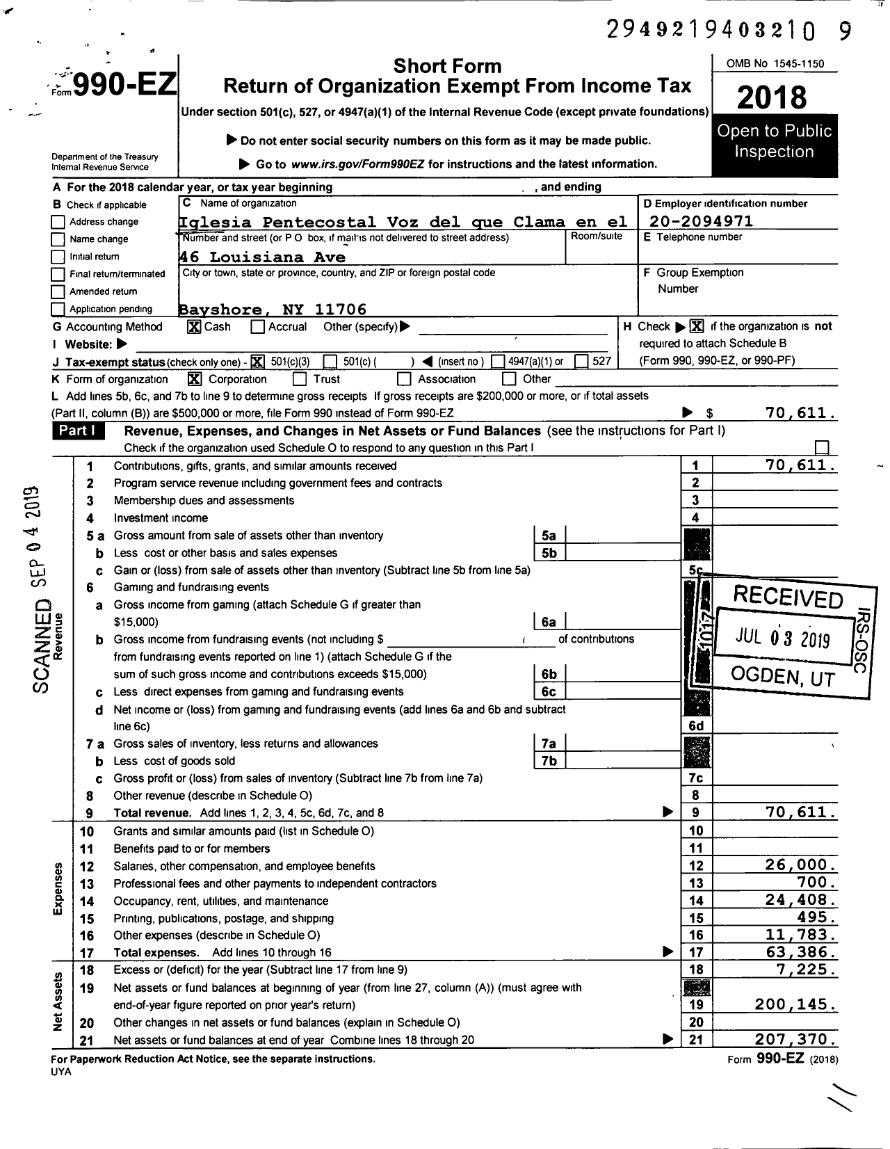 Image of first page of 2018 Form 990EZ for Iglesia Pentecostal Voz del que Clama en el Desierto I