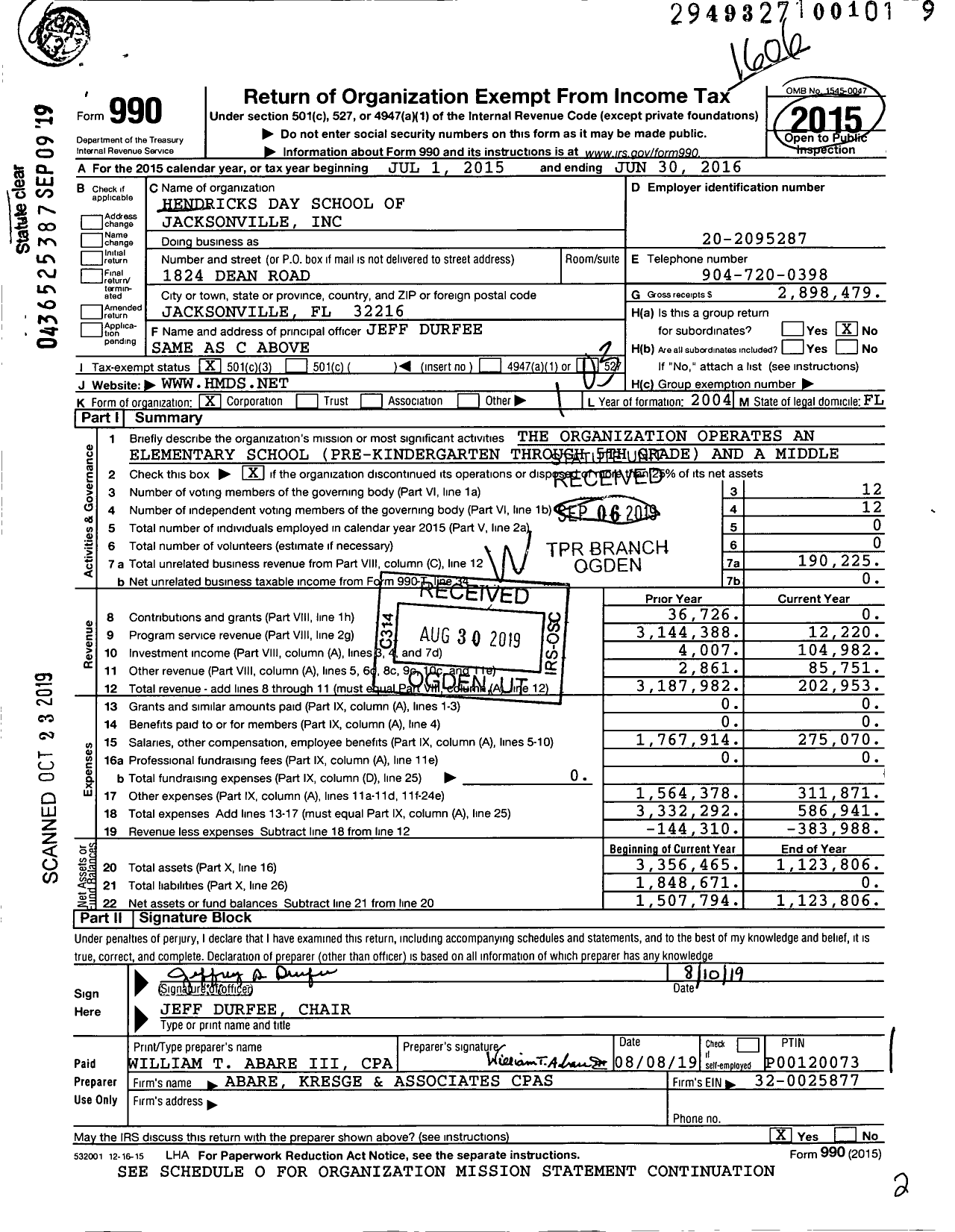 Image of first page of 2015 Form 990 for Hendricks Day School of Jacksonville