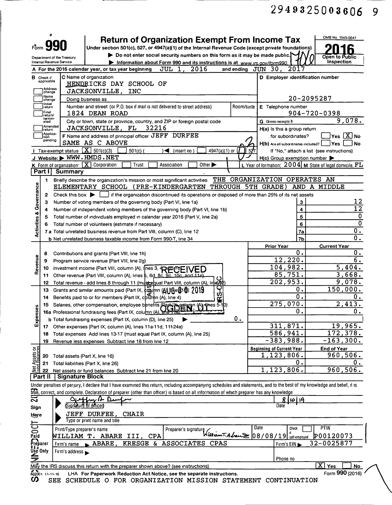 Image of first page of 2016 Form 990 for Hendricks Day School of Jacksonville