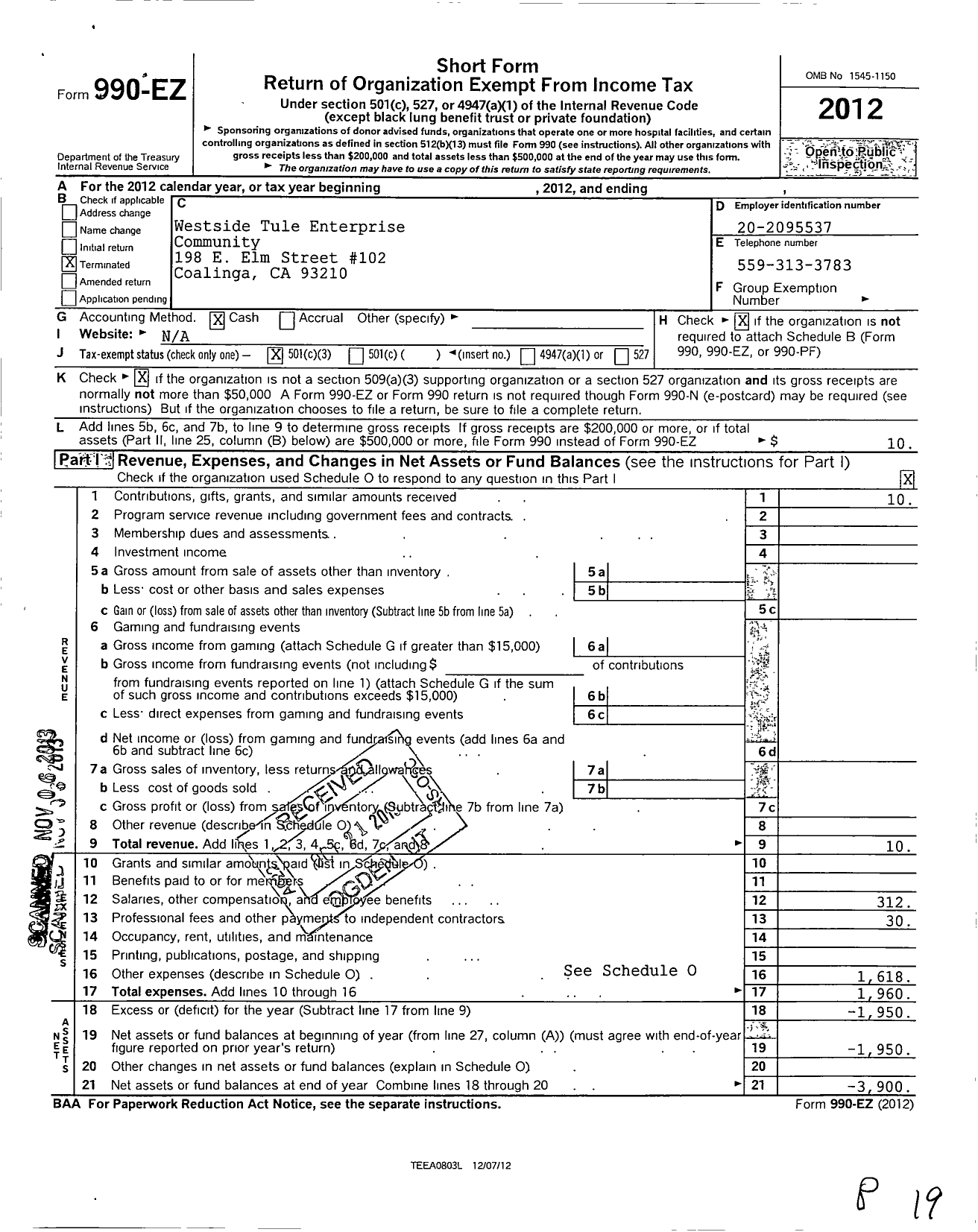 Image of first page of 2012 Form 990EZ for Westside Tule Enterprise Community