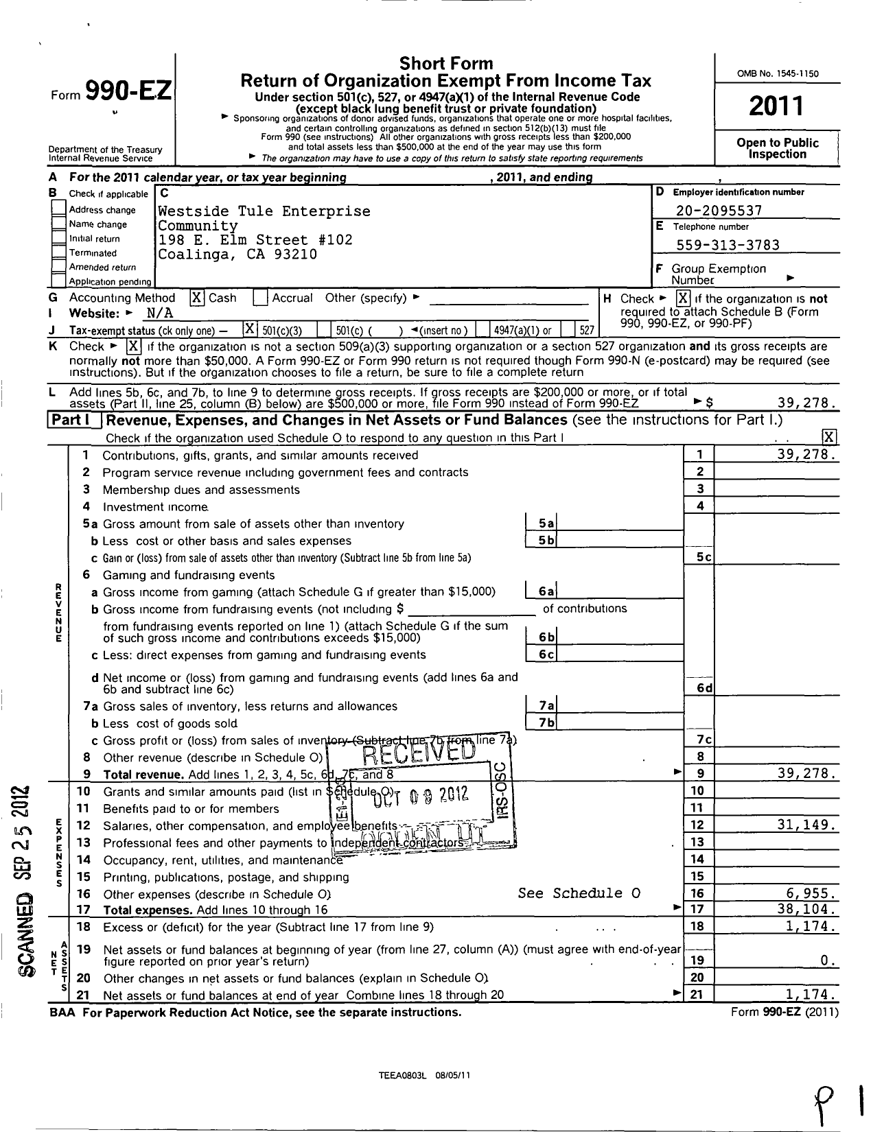 Image of first page of 2011 Form 990EZ for Westside Tule Enterprise Community