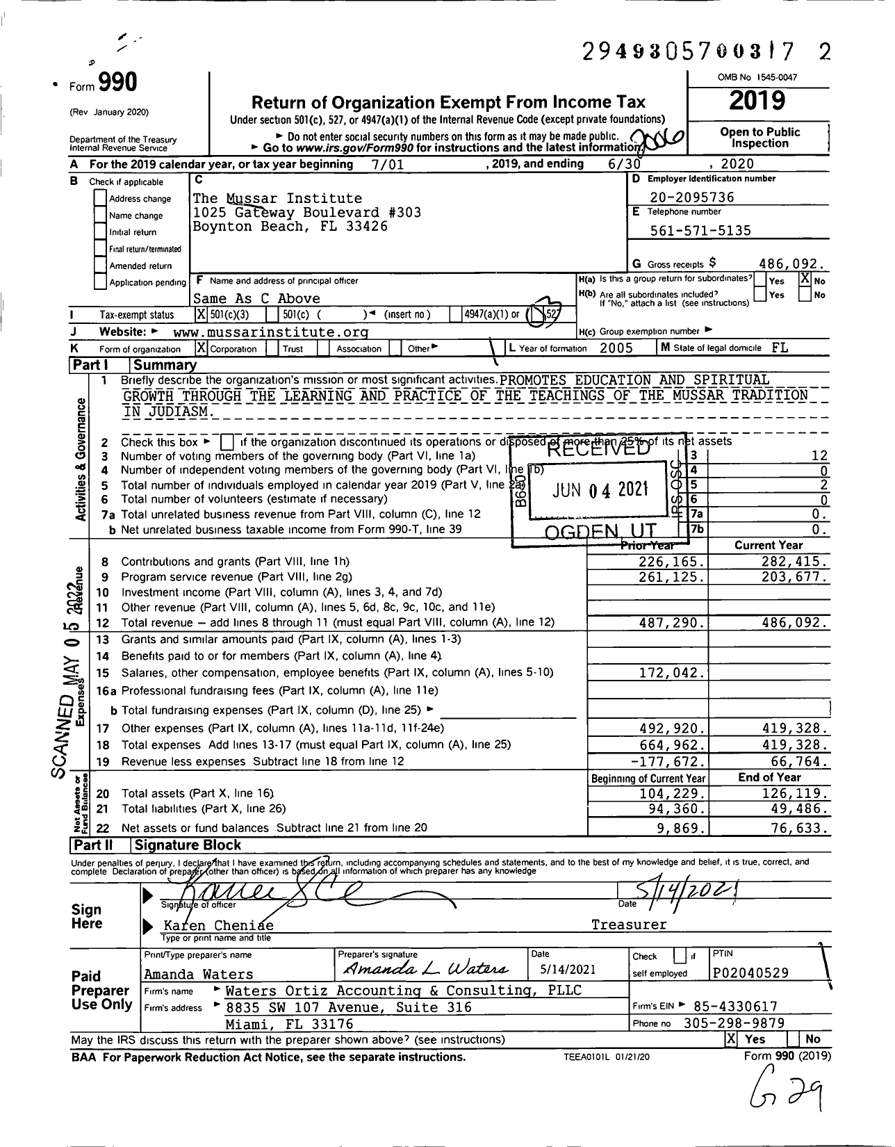 Image of first page of 2019 Form 990 for The Mussar Institute