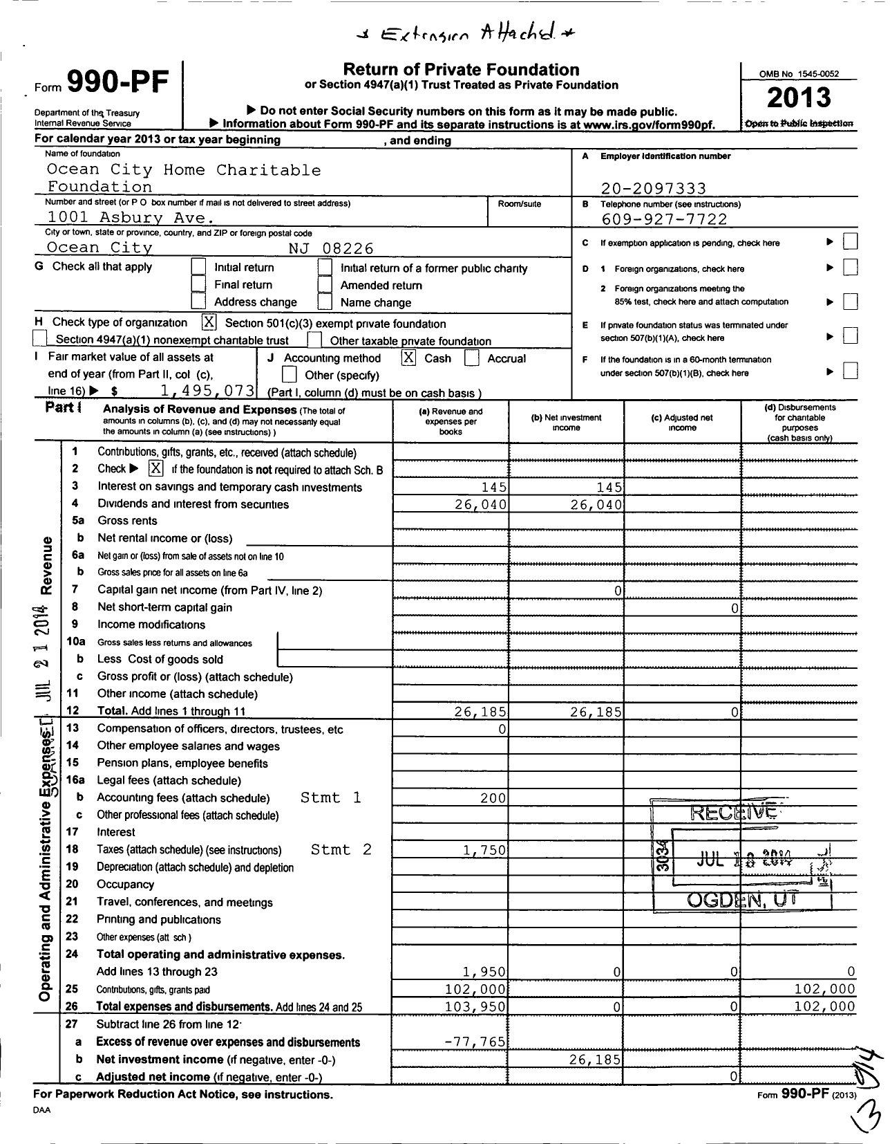 Image of first page of 2013 Form 990PF for Ocean City Home Charitable Foundation