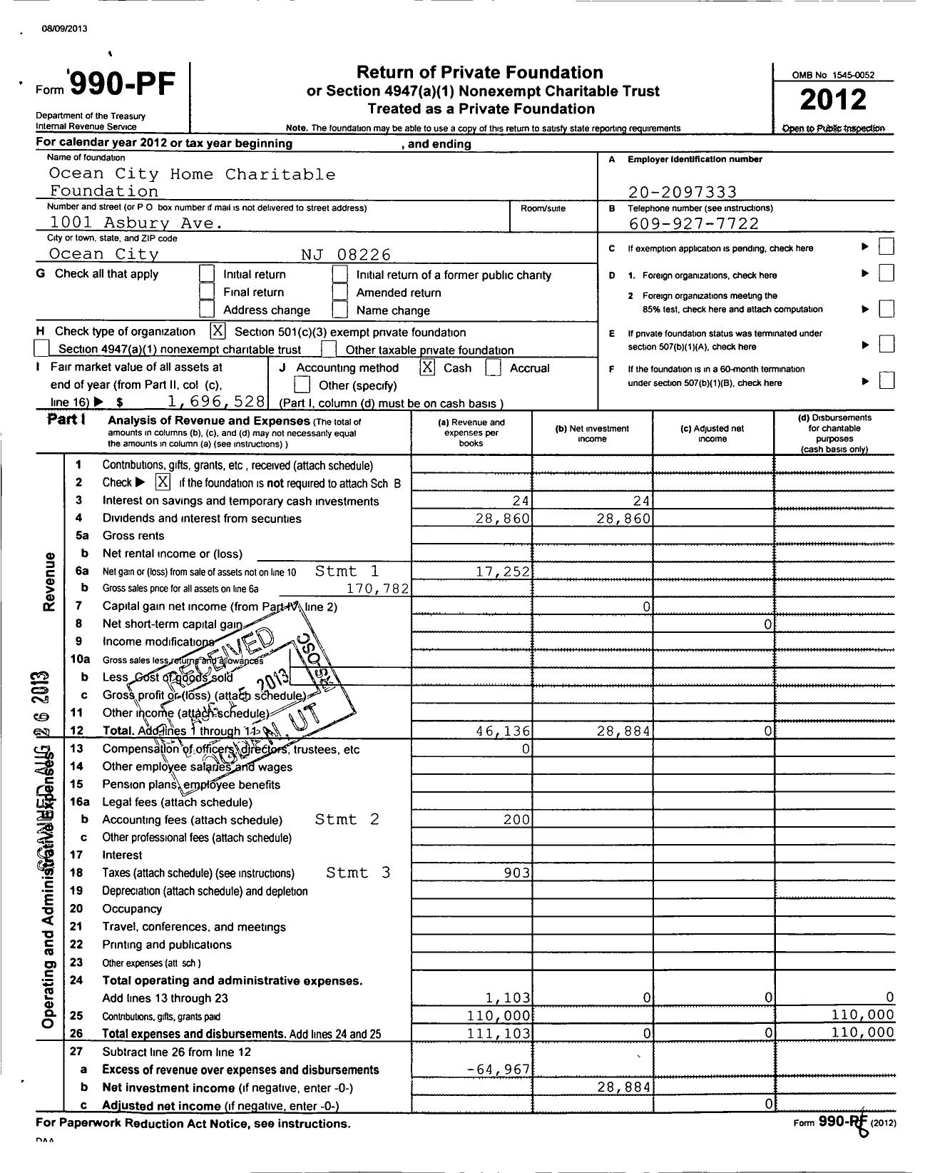 Image of first page of 2012 Form 990PF for Ocean City Home Charitable Foundation