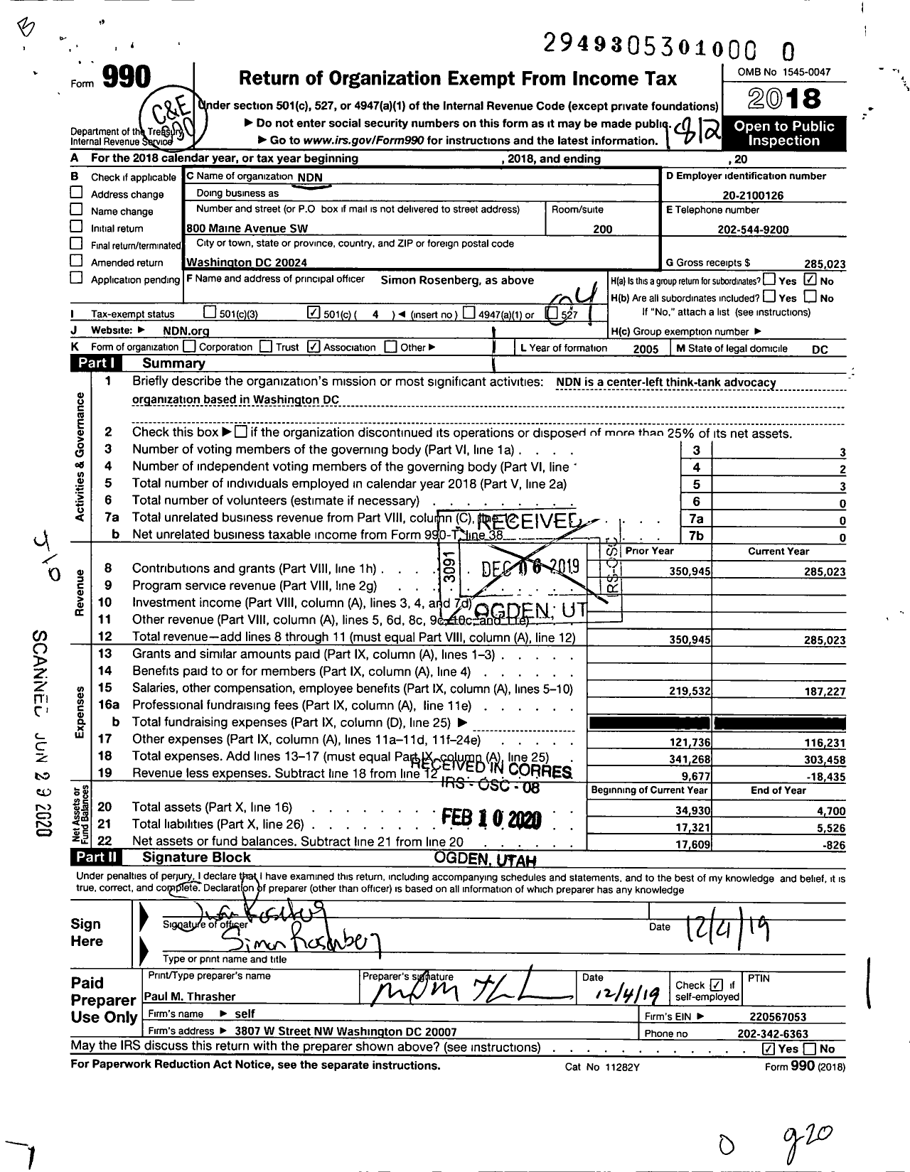 Image of first page of 2018 Form 990O for NDN