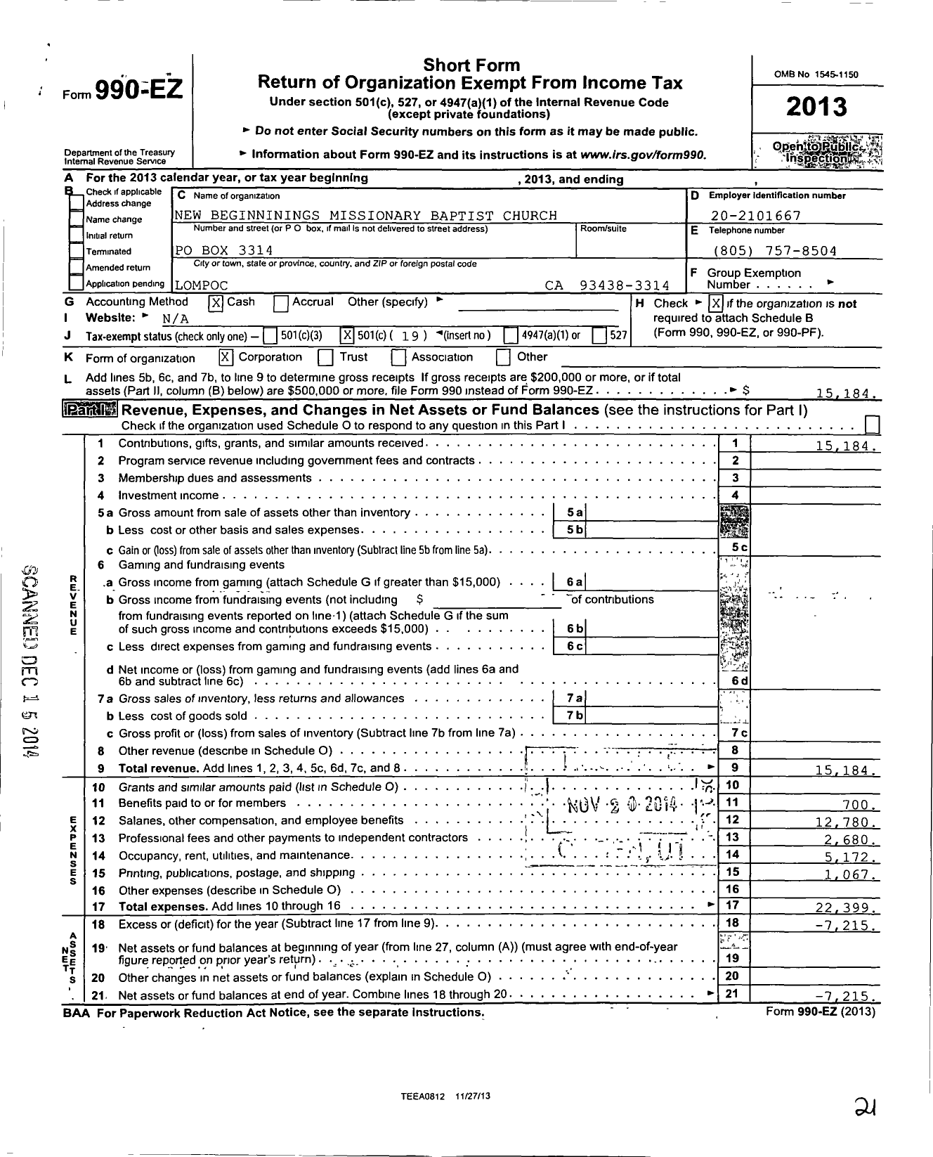 Image of first page of 2013 Form 990EO for New Beginnings Missionary Baptist Church